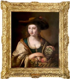 Peinture néerlandaise du XVIIe siècle - Le vendeur de fruits - Dame avec un panier de fruits - amour