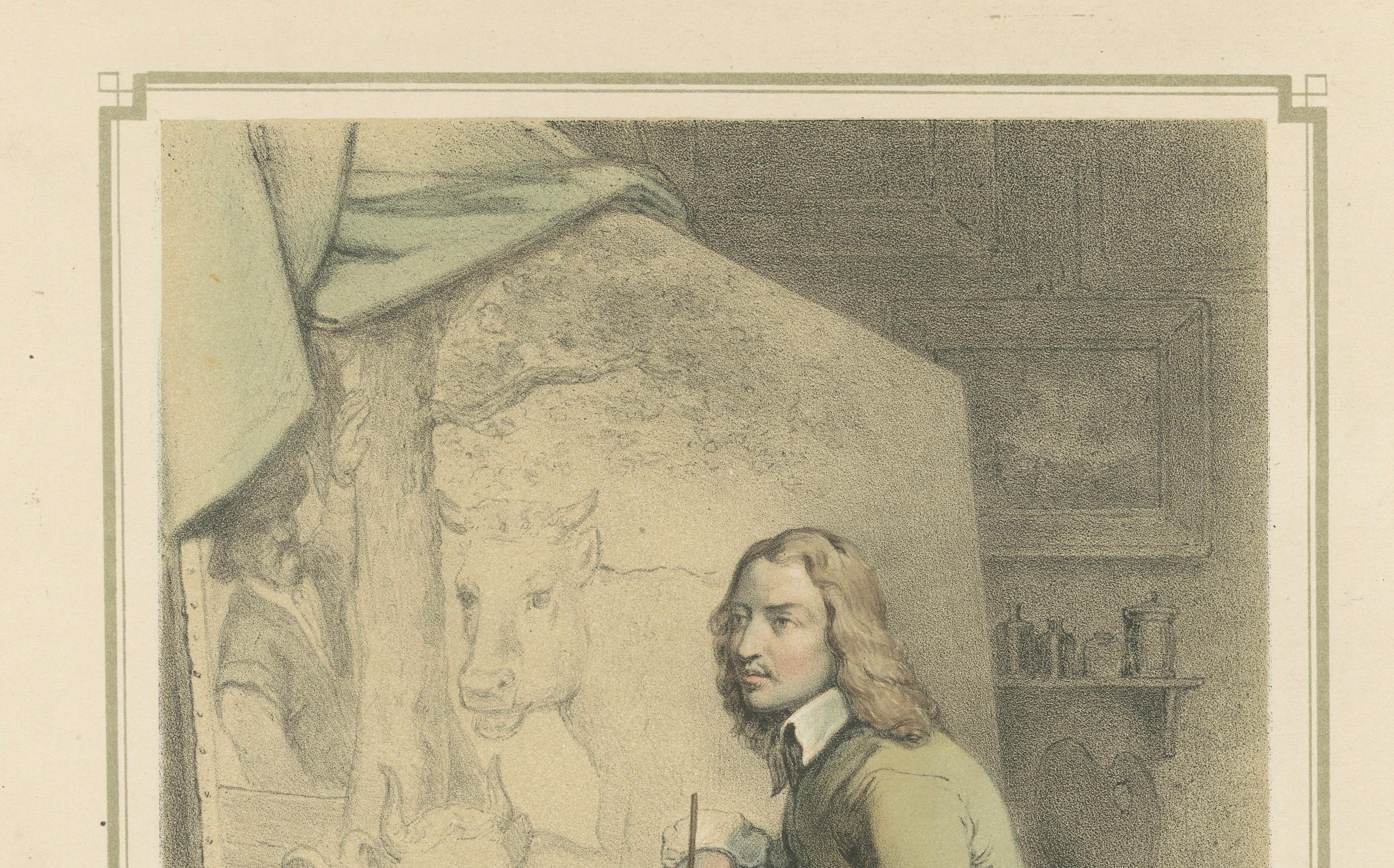 Paulus Potter - Niederländischer Tiermaler bei der Arbeit, handkolorierte Lithographie aus dem 19.

Beschreibung des Artikels:  
Diese charmante handkolorierte Lithografie aus dem 19. Jahrhundert zeigt Paulus Potter, den berühmten niederländischen