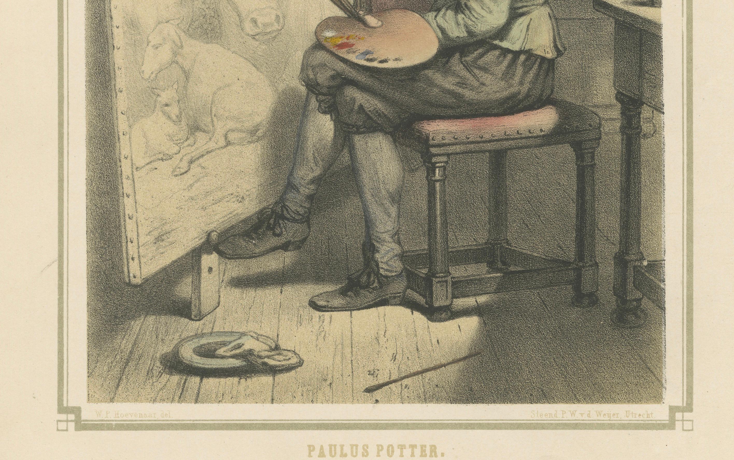 Paulus Potter - Niederländischer Tiermaler bei der Arbeit, handkolorierte Lithographie, ca.1850 im Zustand „Gut“ im Angebot in Langweer, NL