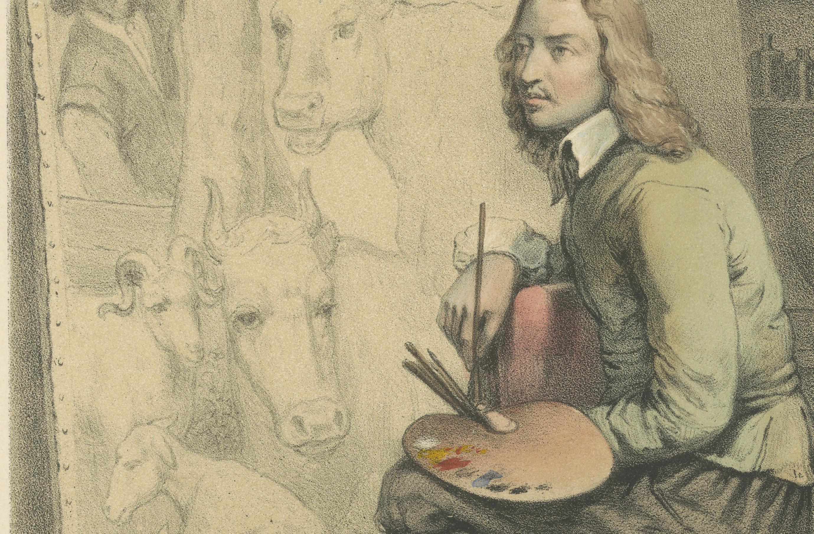 Paulus Potter - Niederländischer Tiermaler bei der Arbeit, handkolorierte Lithographie, ca.1850 (Mittleres 19. Jahrhundert) im Angebot