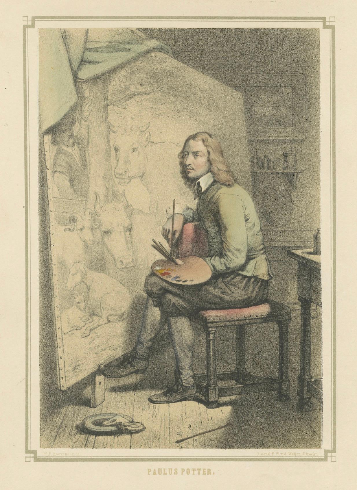 Paulus Potter - Niederländischer Tiermaler bei der Arbeit, handkolorierte Lithographie, ca.1850 im Angebot 1