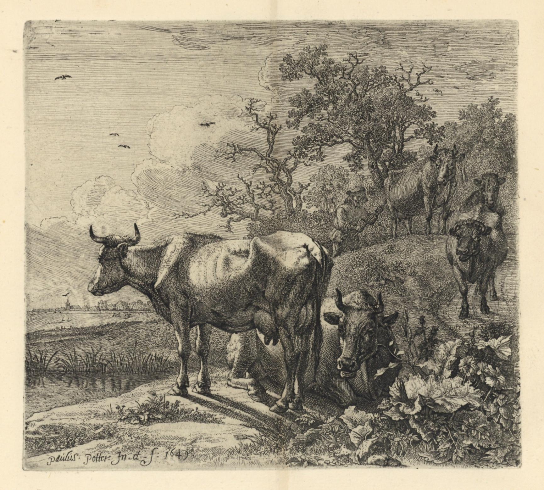 "The Herdsman" original etching - Print by Paulus Potter