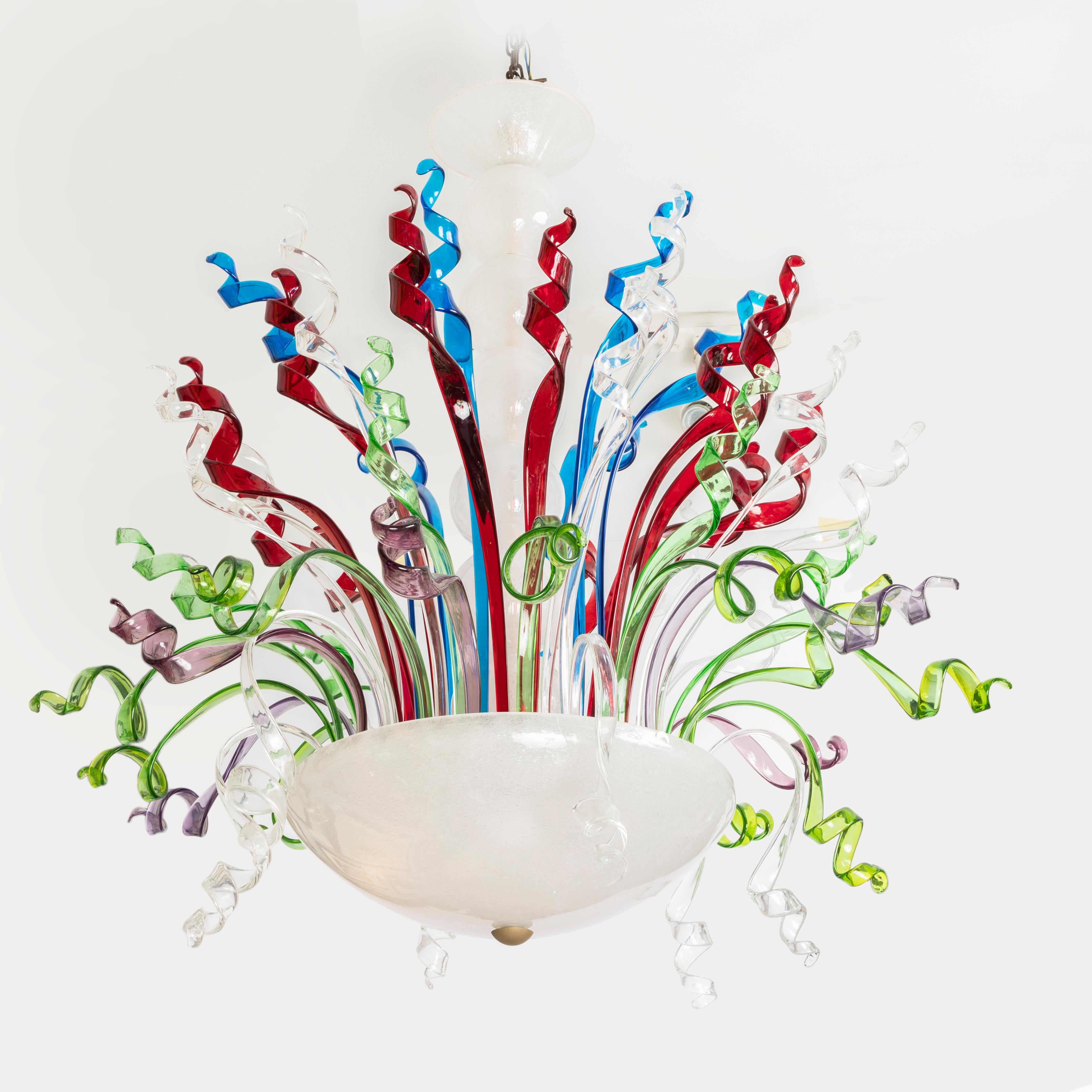 Pauly and C°, Murano fireworks chandelier, blown glass, multi-coloured

Multi-coloured blown and bent glass chandelier designed like a Firework or Fountain by Pauly & C°, Murano, Italy.

The basket (or bowl) and the balls of the stem forming the