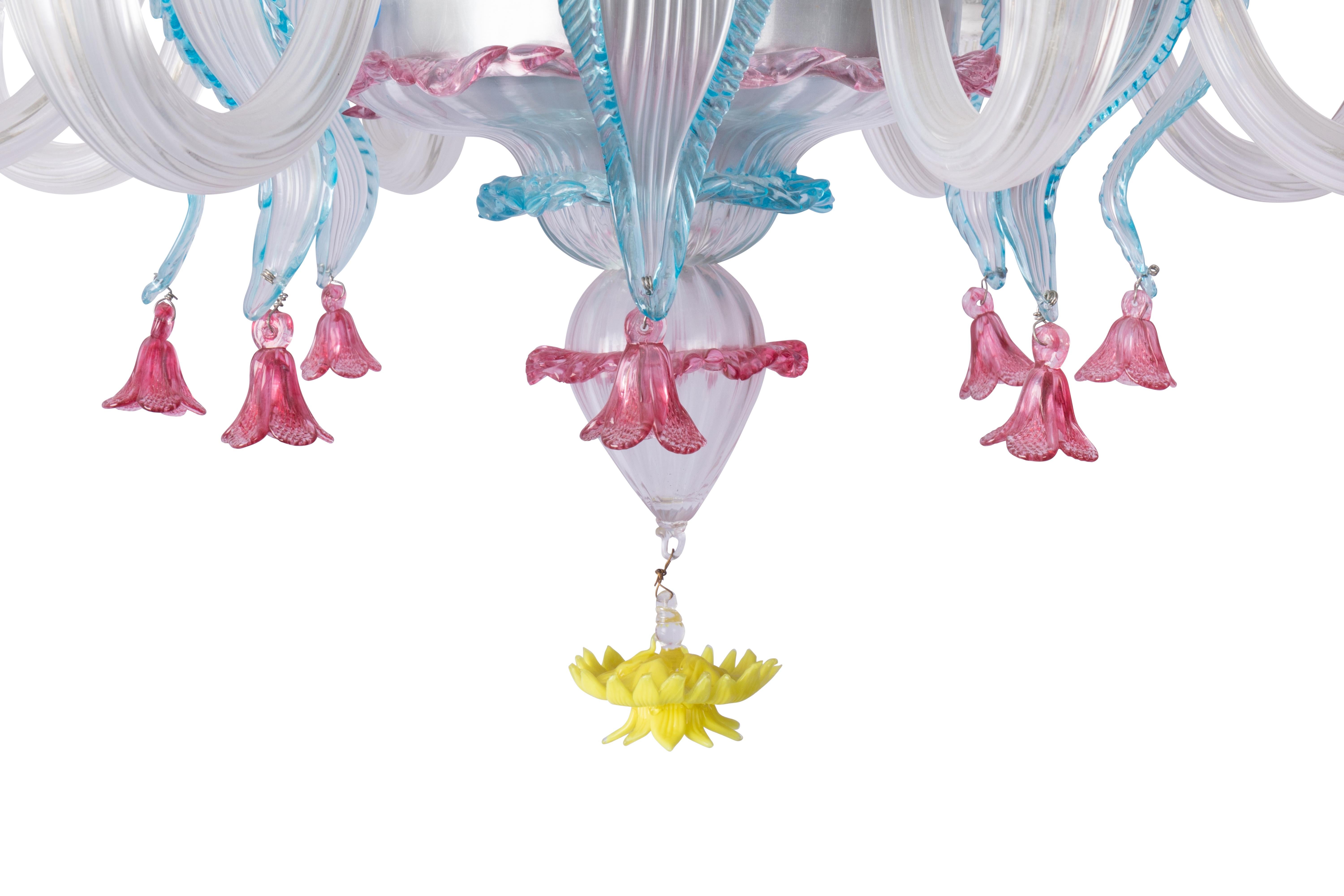 Classic multi-coloured Murano blown and bent glass Pastoral chandelier with rich colours and festive floral design elements: richly decorated with flowers and leaves in transparent or coloured glass.

Among the colours: blue, orange, pink, ruby