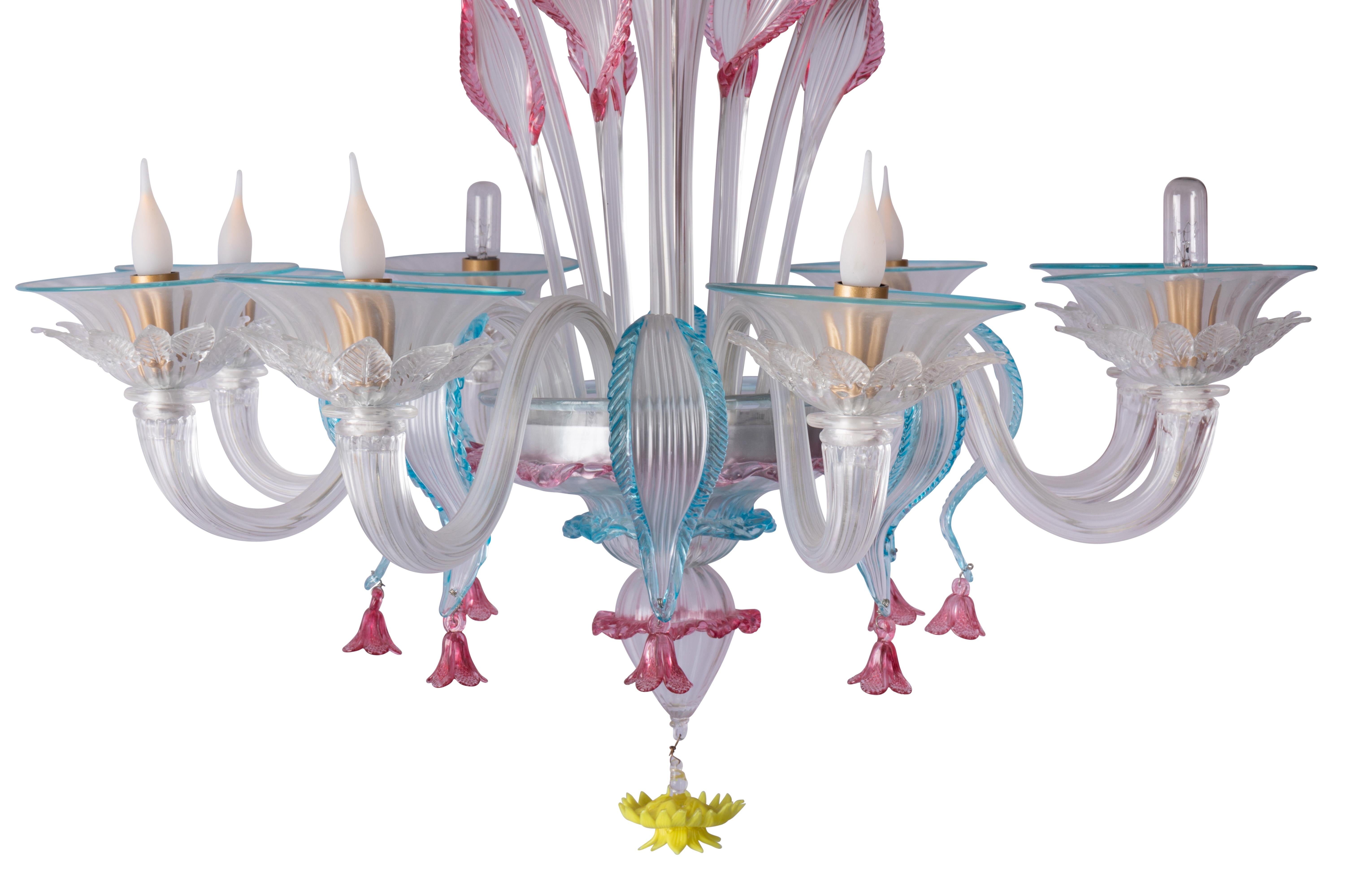 Pauly and C° Murano Pastoral Chandelier, Blue, Red, Orange, Pink, Yellow Crystal For Sale 1