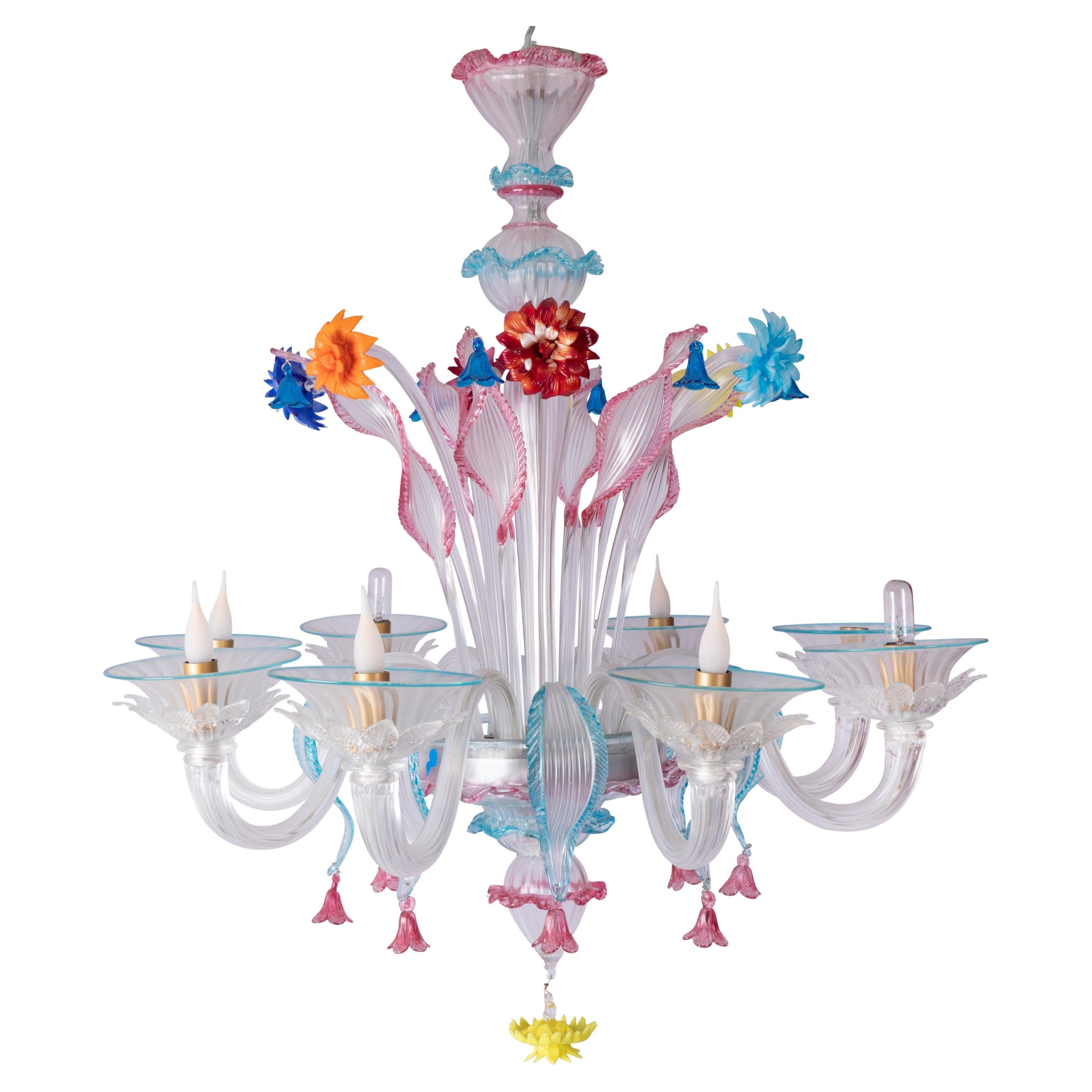 Pauly and C° Murano Pastoral Chandelier, Blue, Red, Orange, Pink, Yellow Crystal For Sale