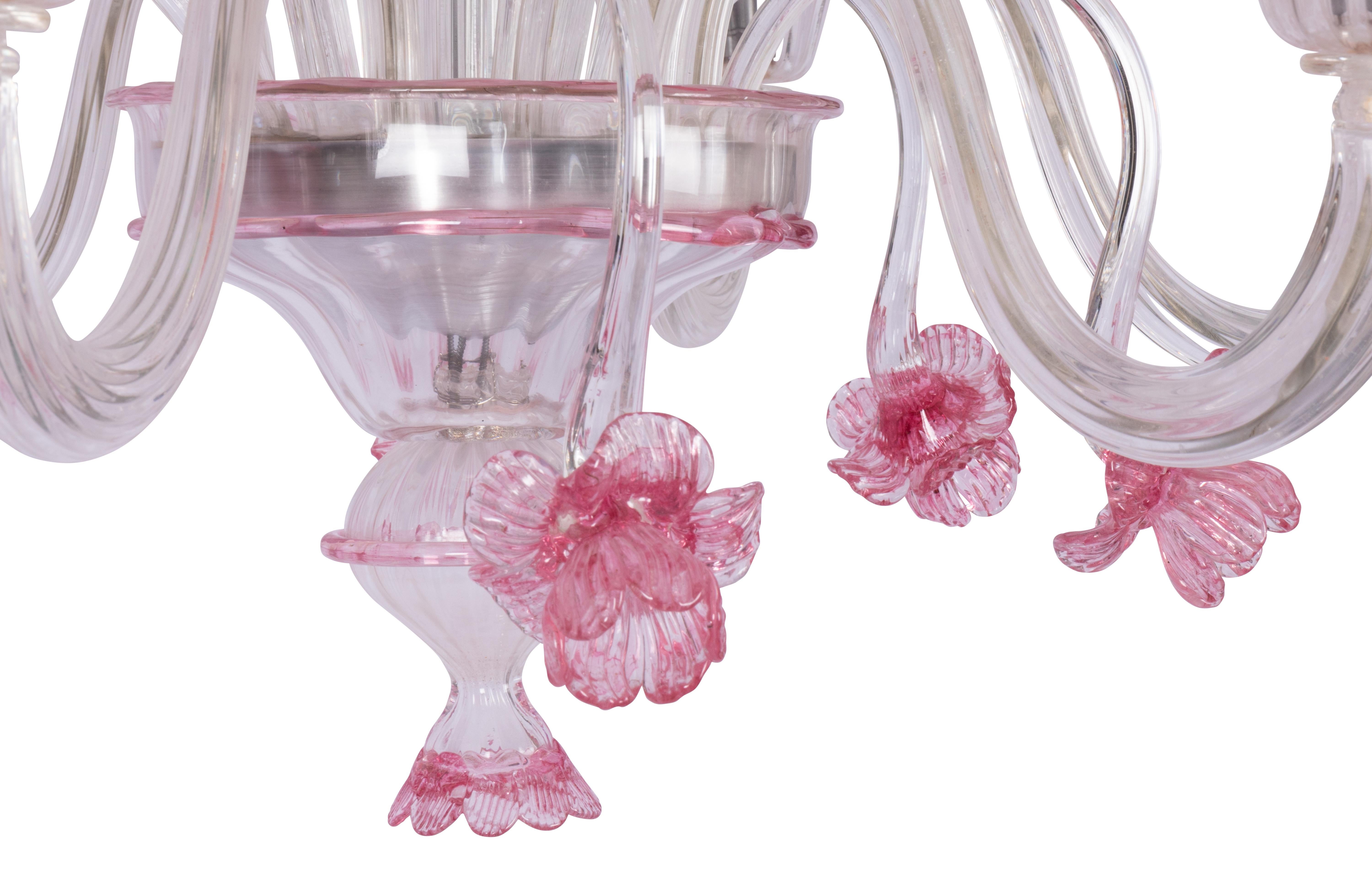 Italian Pauly and C°, Murano Pastoral Chandelier, Pink Crystal Flowers Foliage, 1970's For Sale