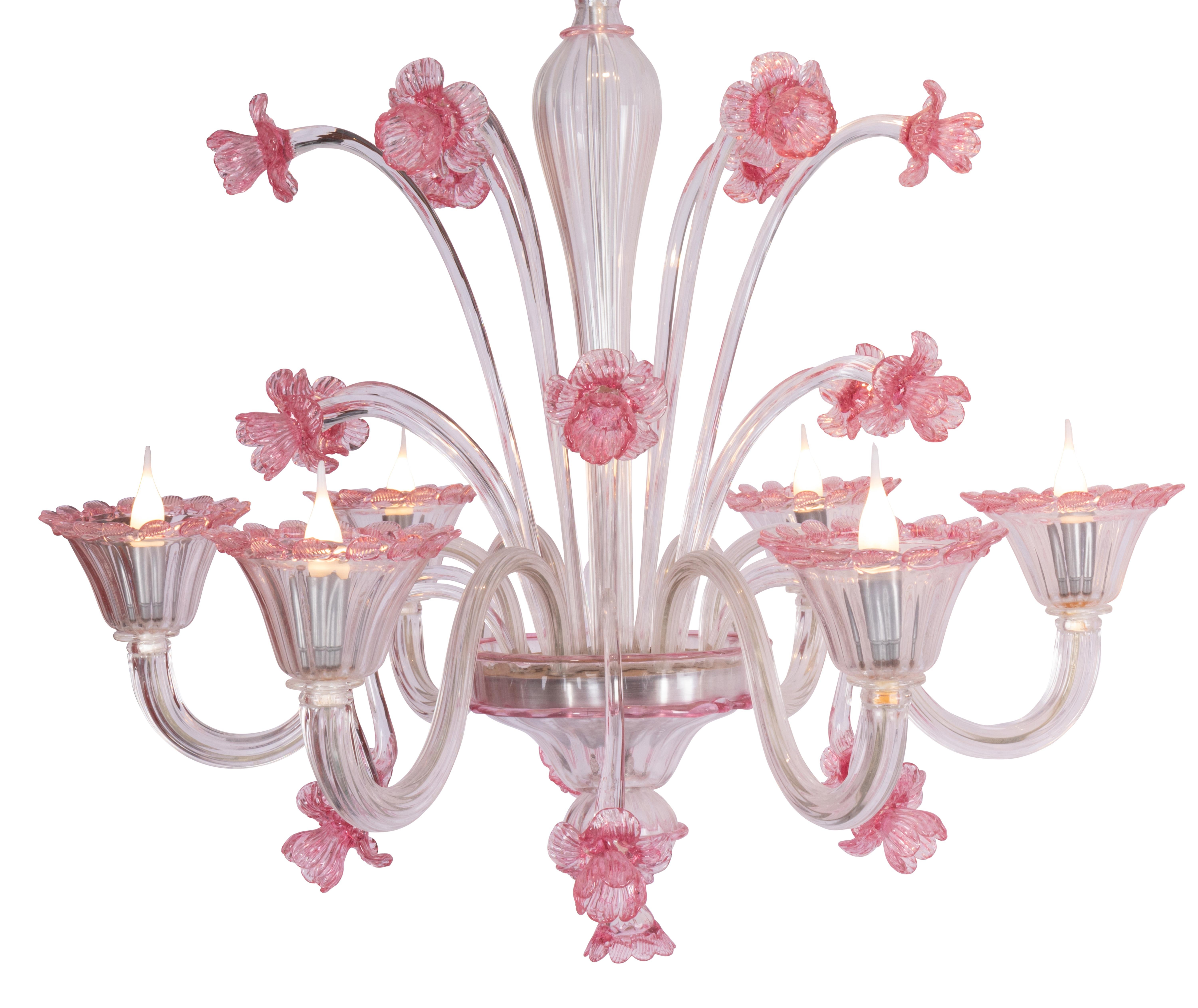 Pauly et C°, Lustre pastoral en Murano, fleurs en cristal rose et feuillage, années 1970 Excellent état - En vente à SAINT-OUEN-SUR-SEINE, FR
