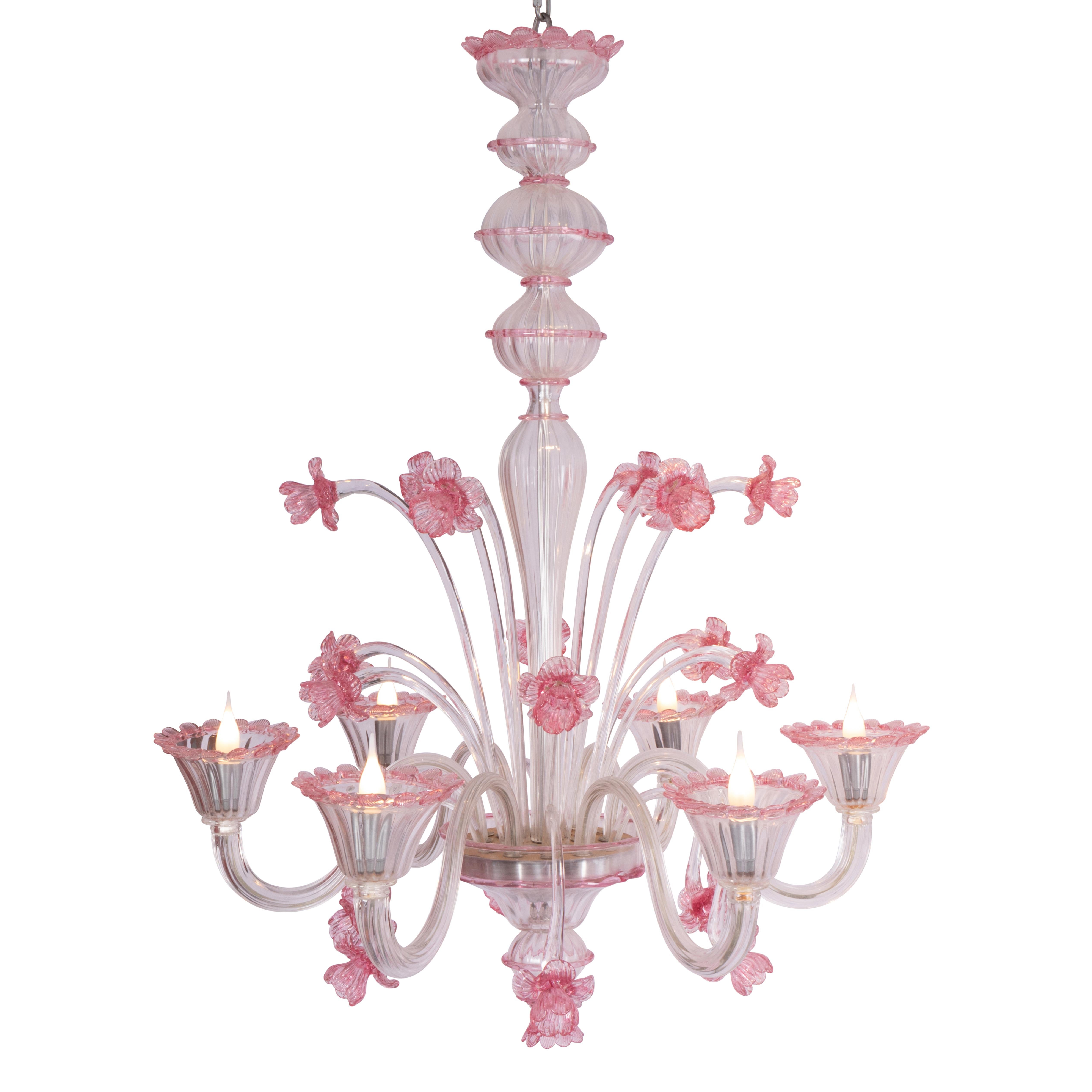 20ième siècle Pauly et C°, Lustre pastoral en Murano, fleurs en cristal rose et feuillage, années 1970 en vente