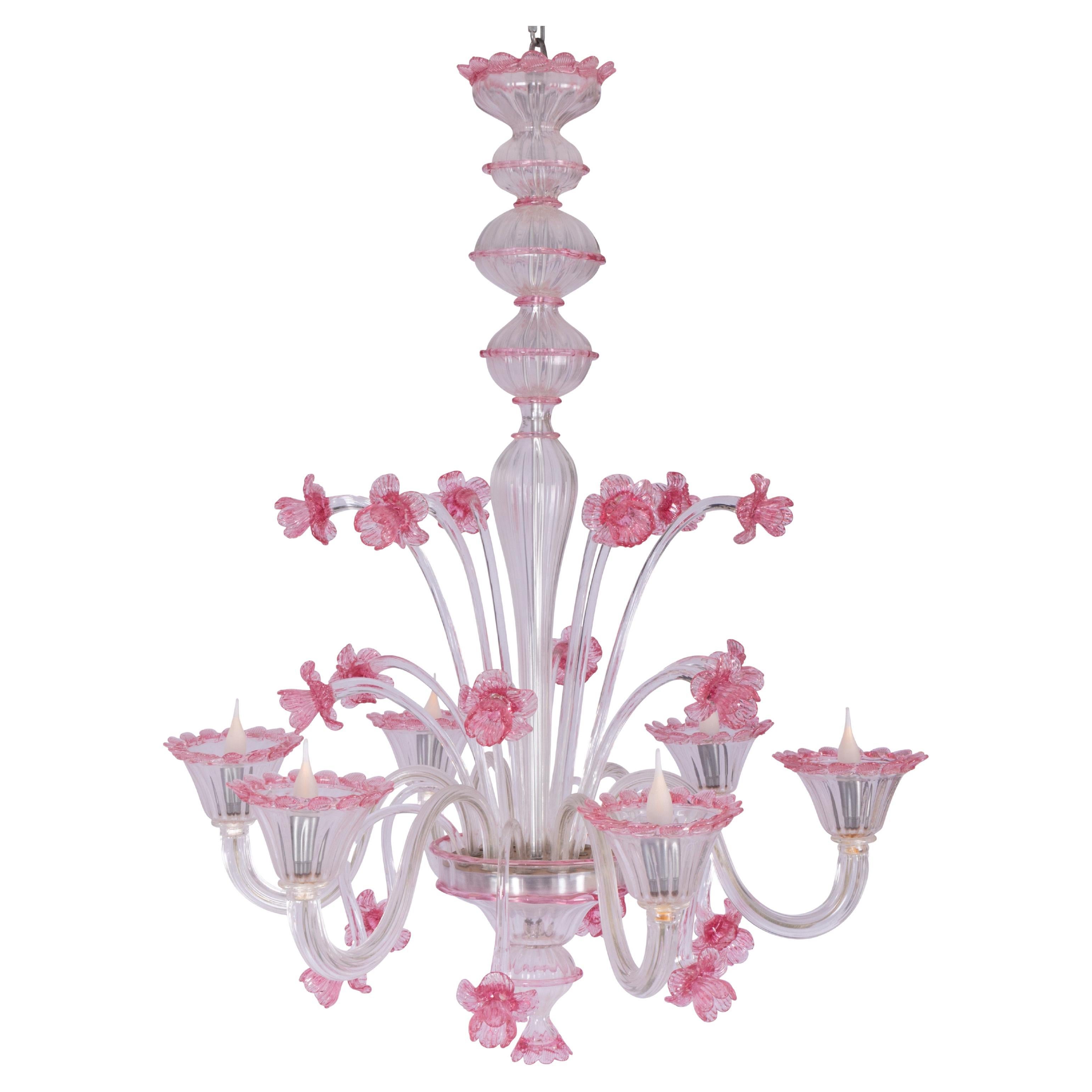 Pauly et C°, Lustre pastoral en Murano, fleurs en cristal rose et feuillage, années 1970