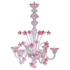 Pauly and C°, Murano Pastoral Chandelier, Pink Crystal Flowers Foliage, 1970's