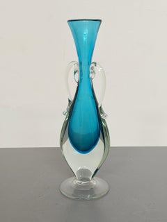 Pauly & Co. Attributed Murano Blue Art Glass Vase with Applied Clear Handles