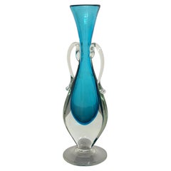 Pauly & Co. Attributed Murano Blue Art Glass Vase with Applied Clear Handles