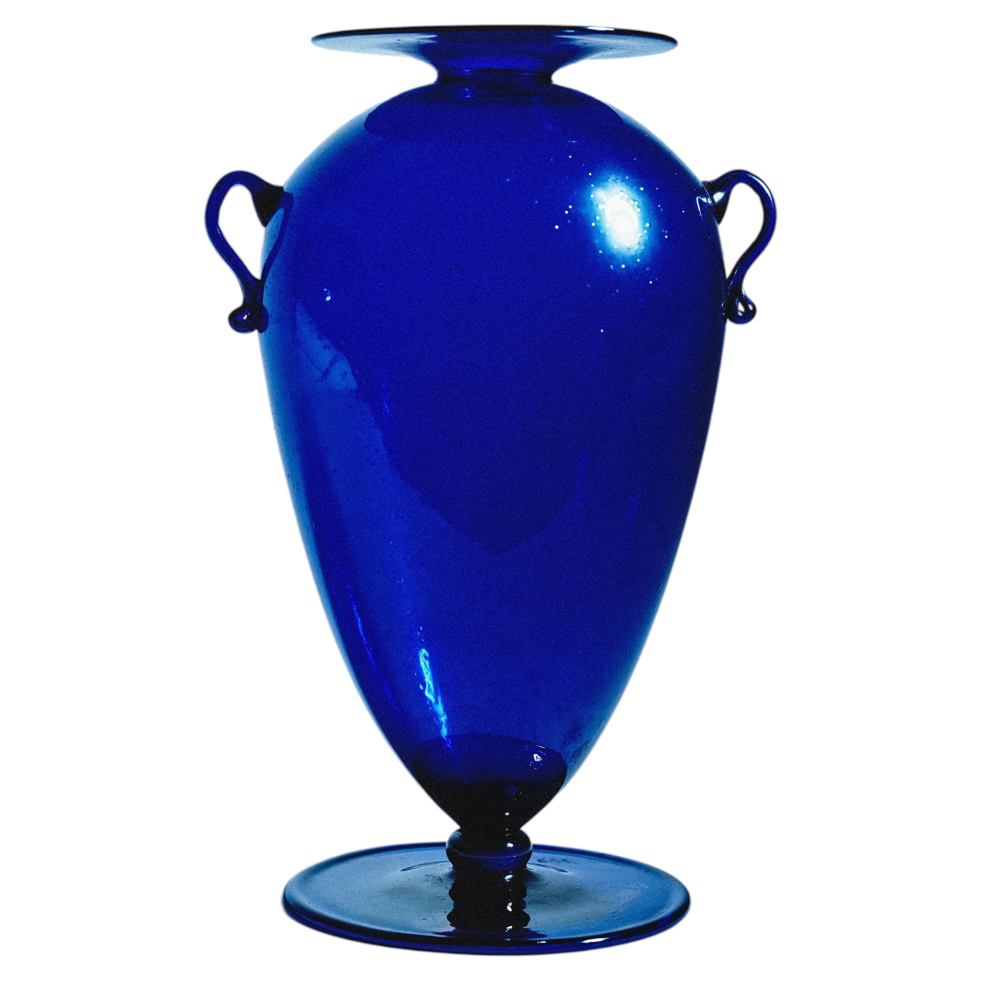 Rare Large Art Glass Scalloped Vintage Cobalt Blue Seguso Vase