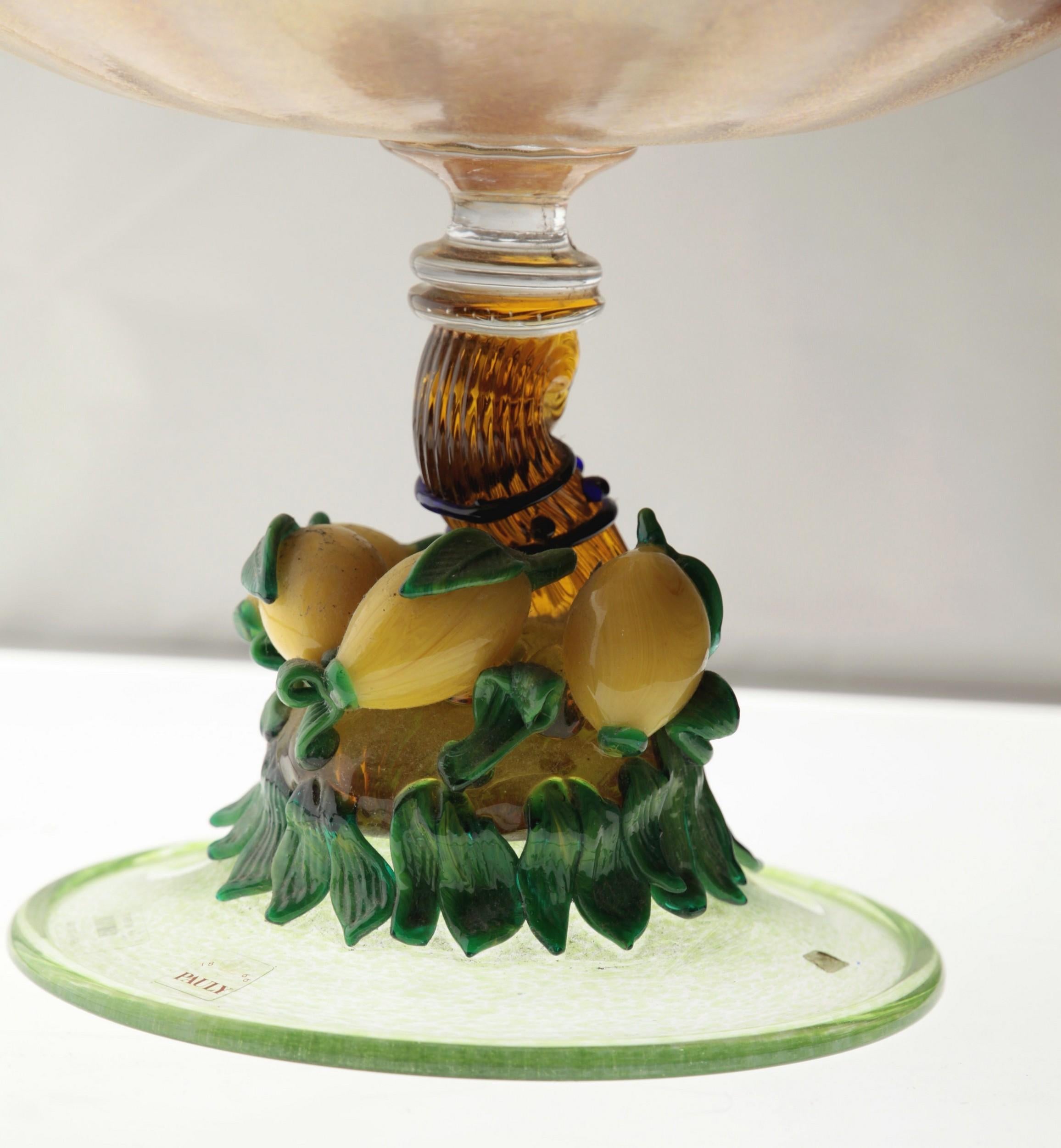 Art Glass Pauly Venice Cornucopia Footed Bowl, Murano Glass, Gold Leaf Applications, 1960s
