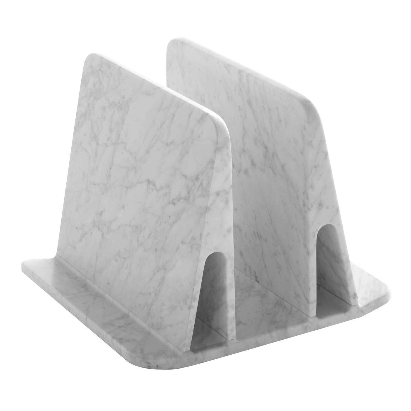 Magazine holder, rotating, in white Carrara marble, matt polished finish.