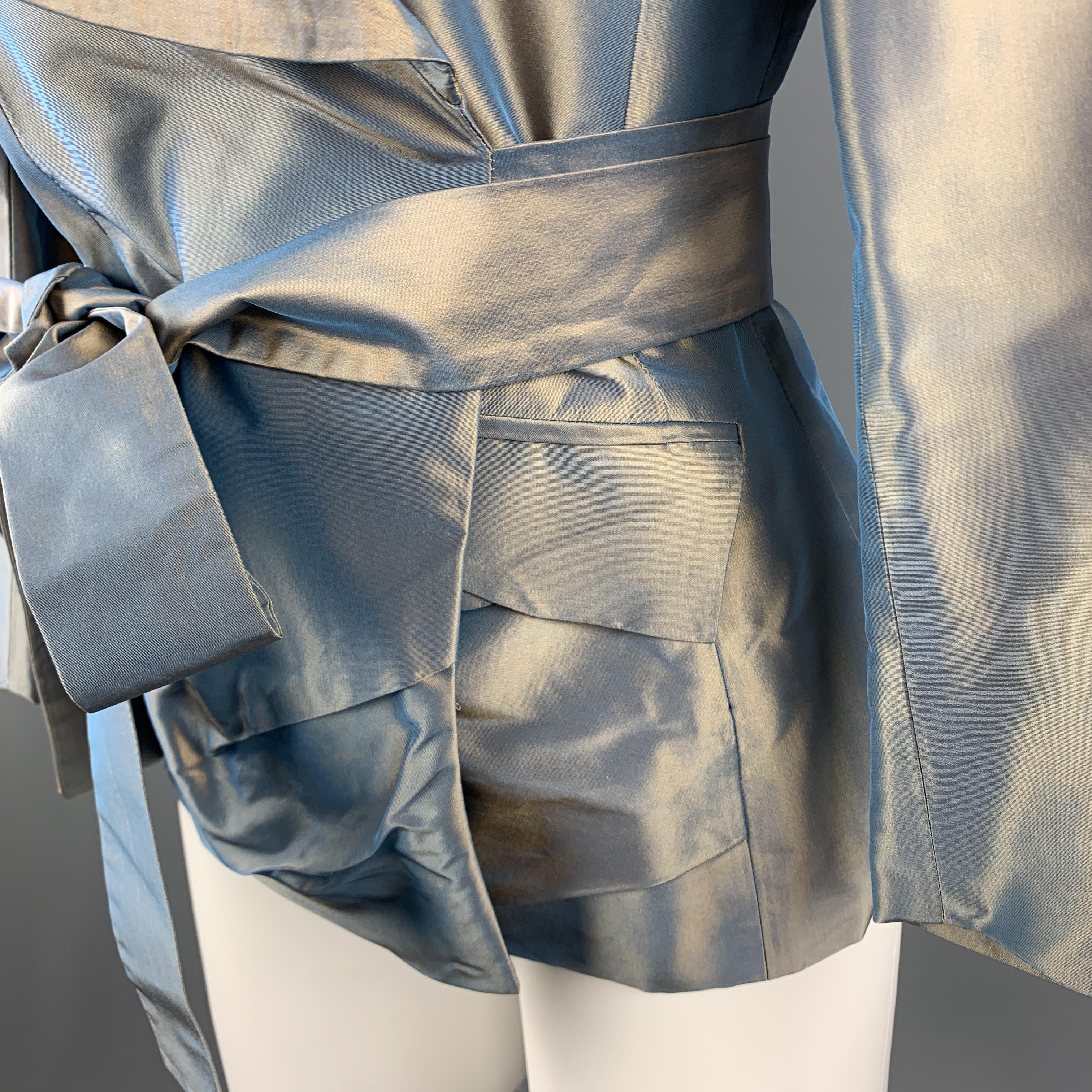 Gray PAUW Size M Blue Iridescent Silk Taffeta Shawl Collar Wrap Jacket
