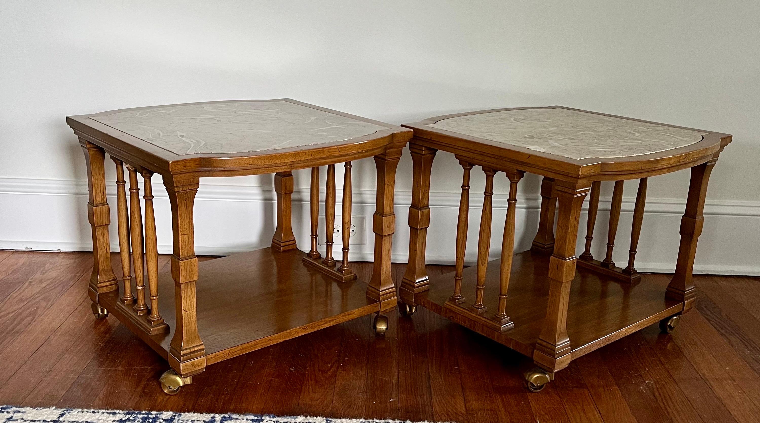 Pavane Furniture by Tomlinson Fossil Marble top tables. Neoclassical meets mid-century with column sides. Great irregular top surface. Brass swivel casters. 
Curbside to NYC/Philly $450.