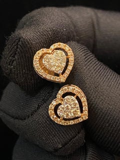 Pave 0.70 Cts F/VS1 Round Brilliant Diamonds Heart Stud Earrings 14K Rose Gold