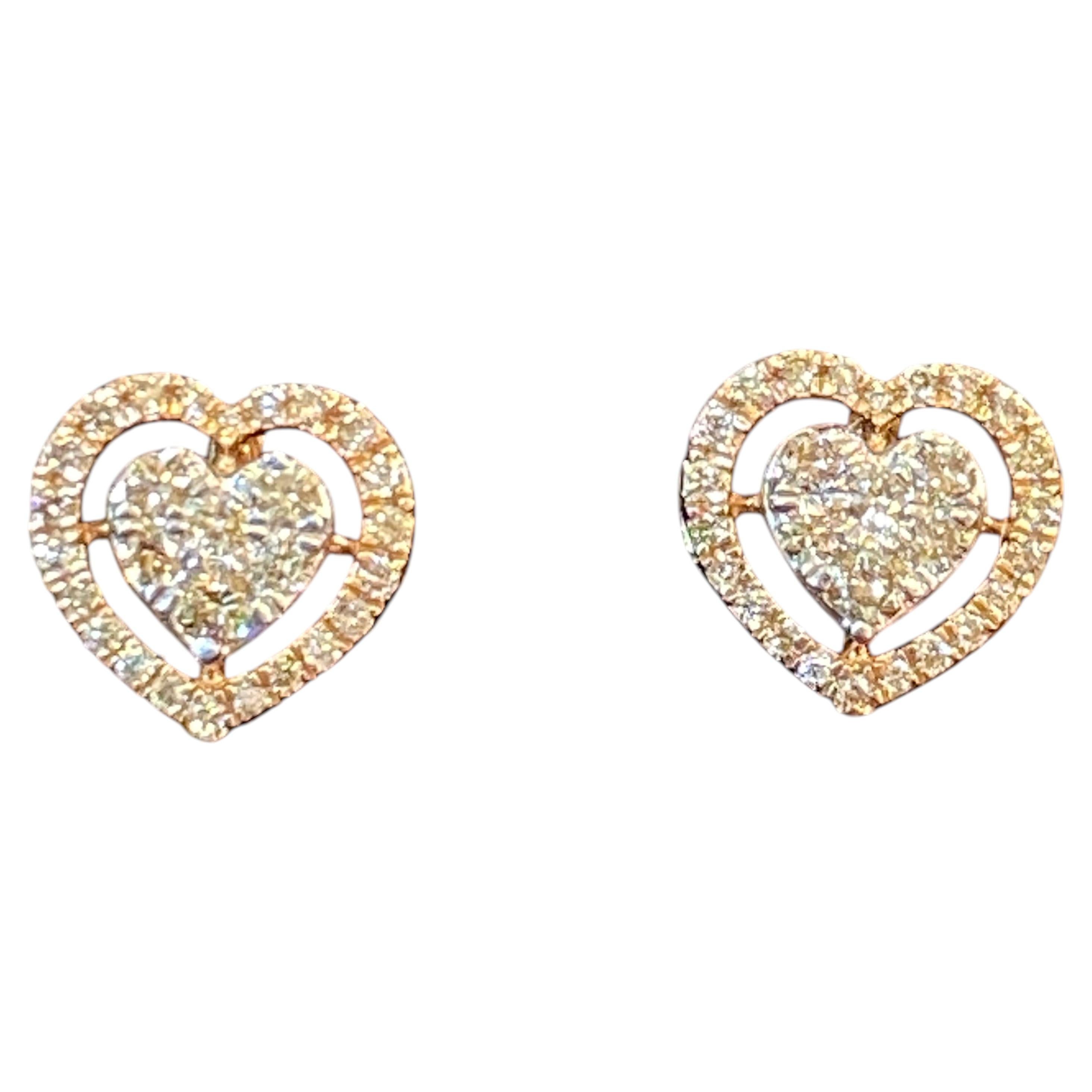 Pave 0.70 Cts F/VS1 Round Brilliant Diamonds Heart Stud Earrings 14K Rose Gold