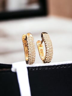 Pave 0.71 Cts F/VS1 Round Brilliant Diamonds 3-Row Hoop Earrings 14K Rose Gold