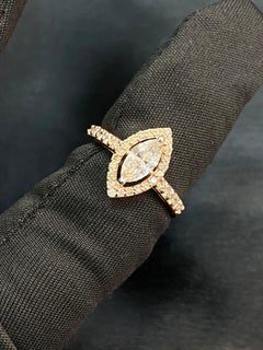 Pave 0.90 Cts F/VS1 Marquise Round Shaped Diamonds Engagement Ring 14K Rose Gold