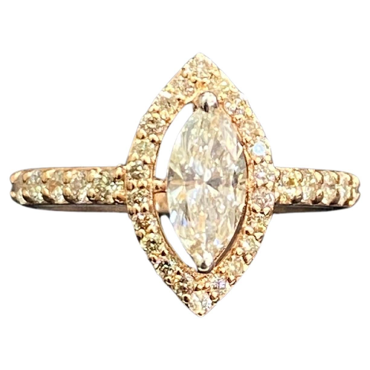 Pave 0.90 Cts F/VS1 Marquise Round Shaped Diamonds Engagement Ring 14K Rose Gold For Sale