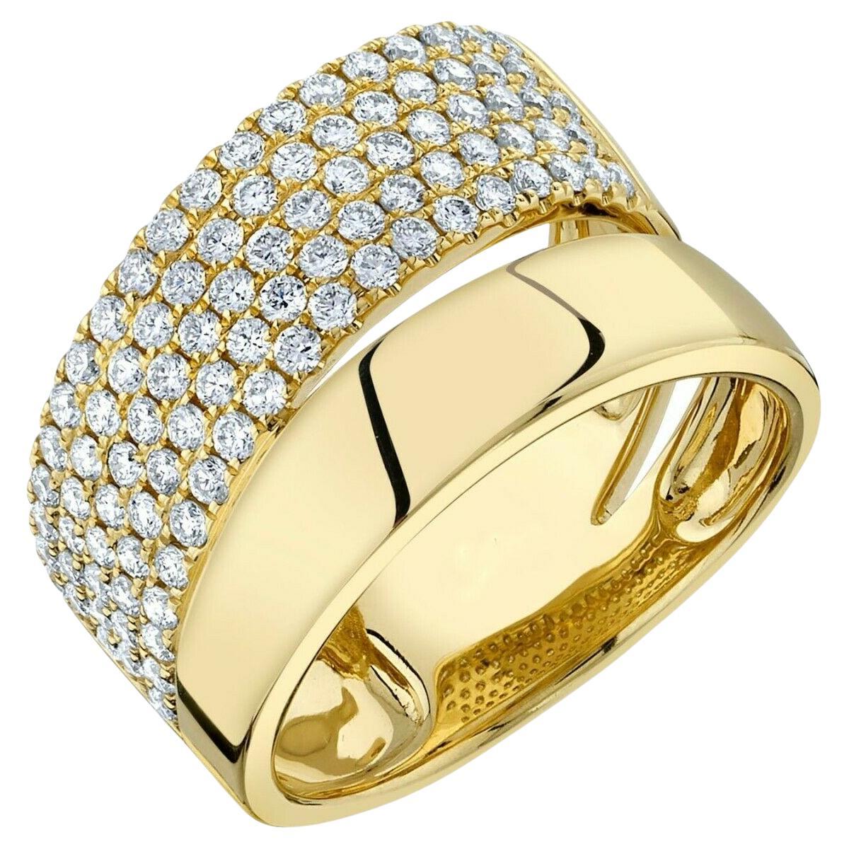 Pave 1.03 Carat Diamond Yellow Gold Wide Split Band Statement Ring For Sale