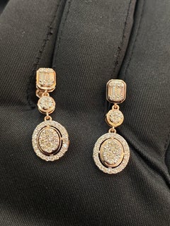 Pave 1.25 Carats F/VS1 Round Baguette Cut Diamonds Dangle Earrings 14K Rose Gold