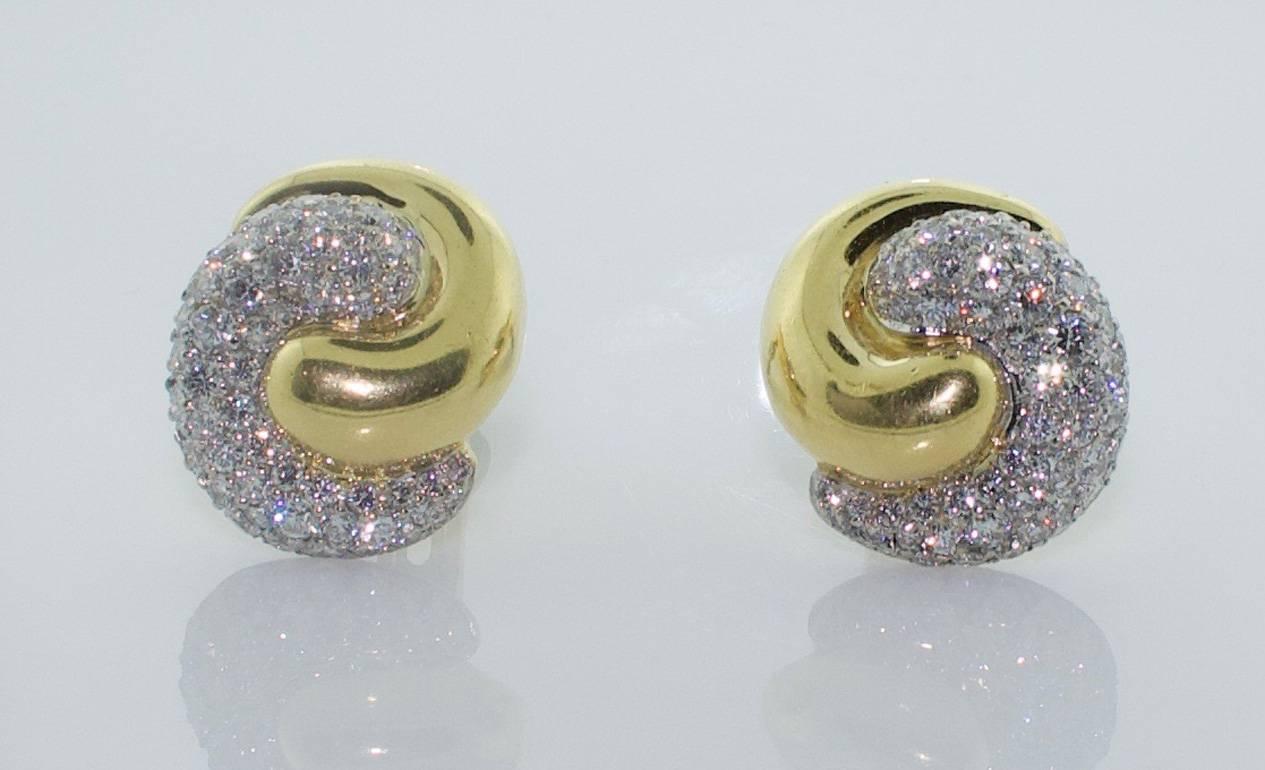 Round Cut Pave' 18 Karat Yellow and White Gold Earrings For Sale
