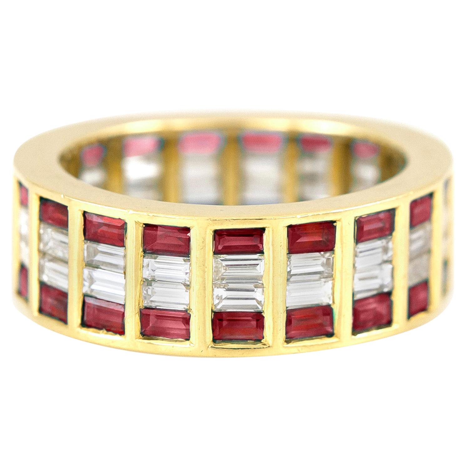 Pave 18 Karat Yellow Gold Wedding Band with Rubies and Diamonds For Sale