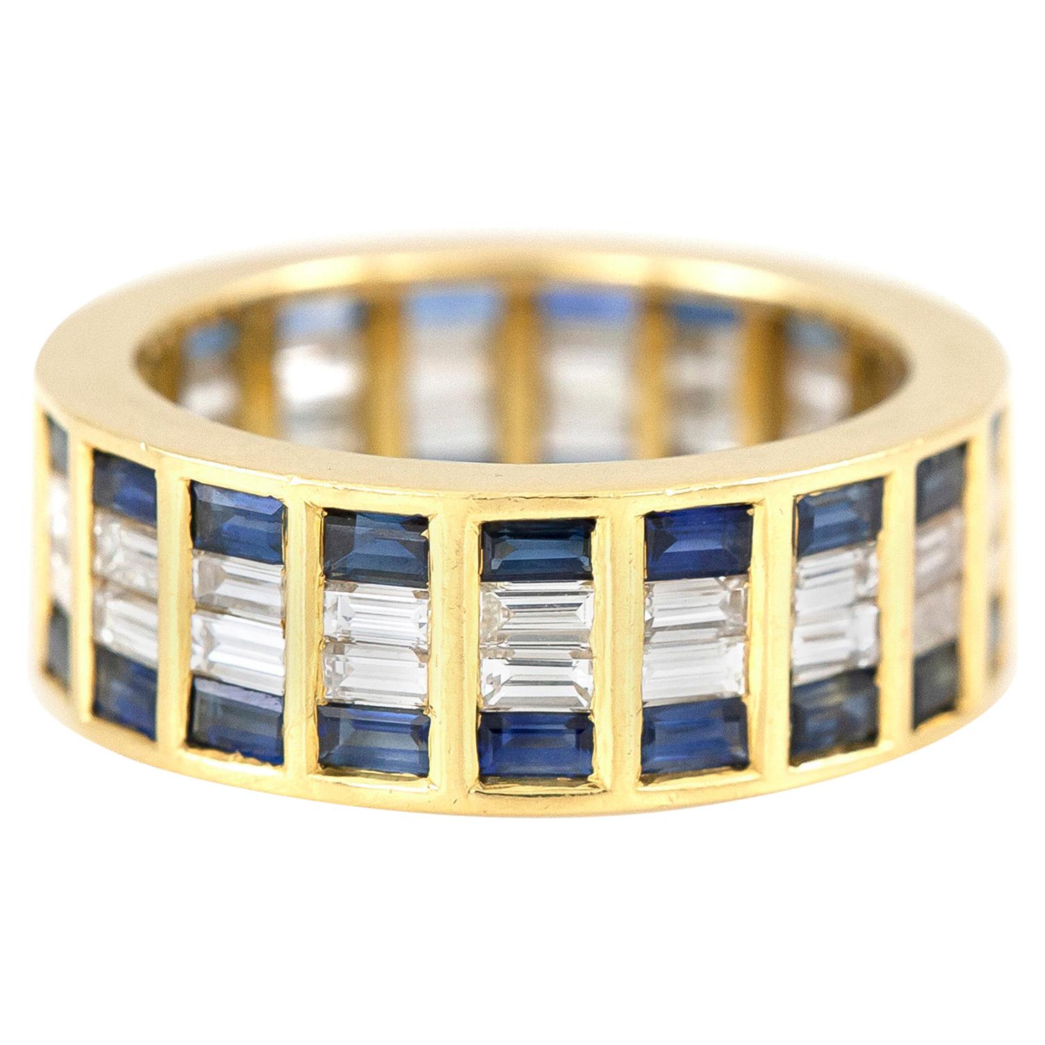 Pave 18 Karat Yellow Gold Wedding Band with Sapphires and Diamonds For Sale