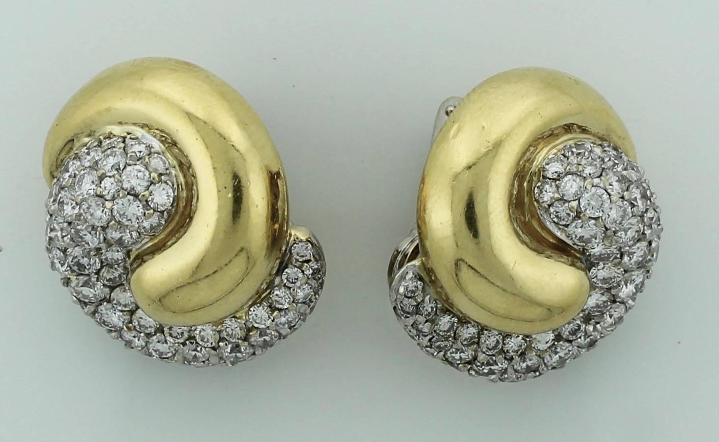 Pave' 18k Yellow and White Gold Earrings:
108 Round Brilliant Cut Diamonds = 5.80 carats approximately.  Color GH Clarity VVS1-VS1.  The pave' work is exceptional.  Set by a master.  Currently clip backed, posts  can be added by us our your jeweler.