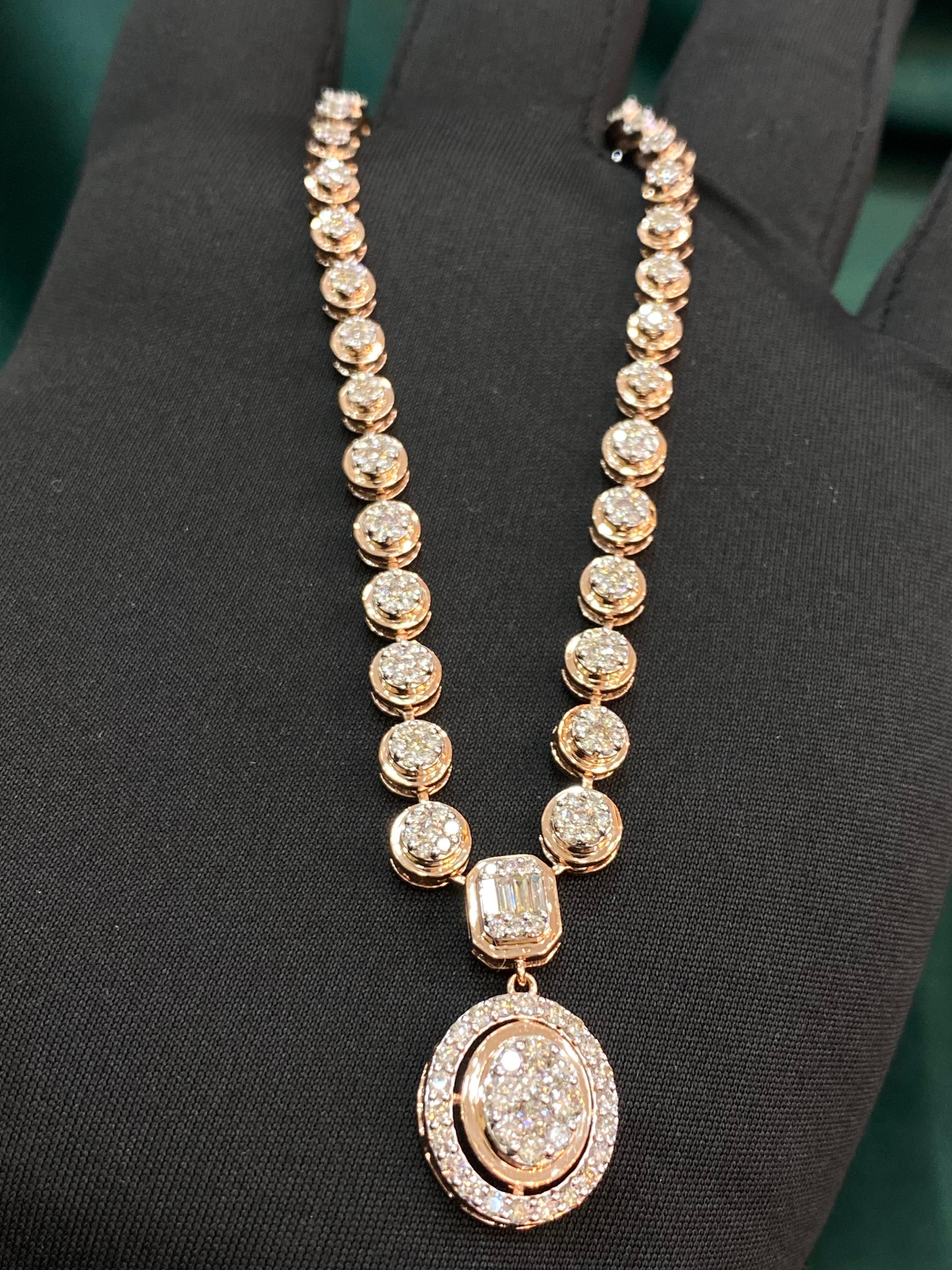 Art Deco Pave 2.40 Carats F/VS1 Round Baguette Diamonds Necklace Certified 14K Rose Gold For Sale