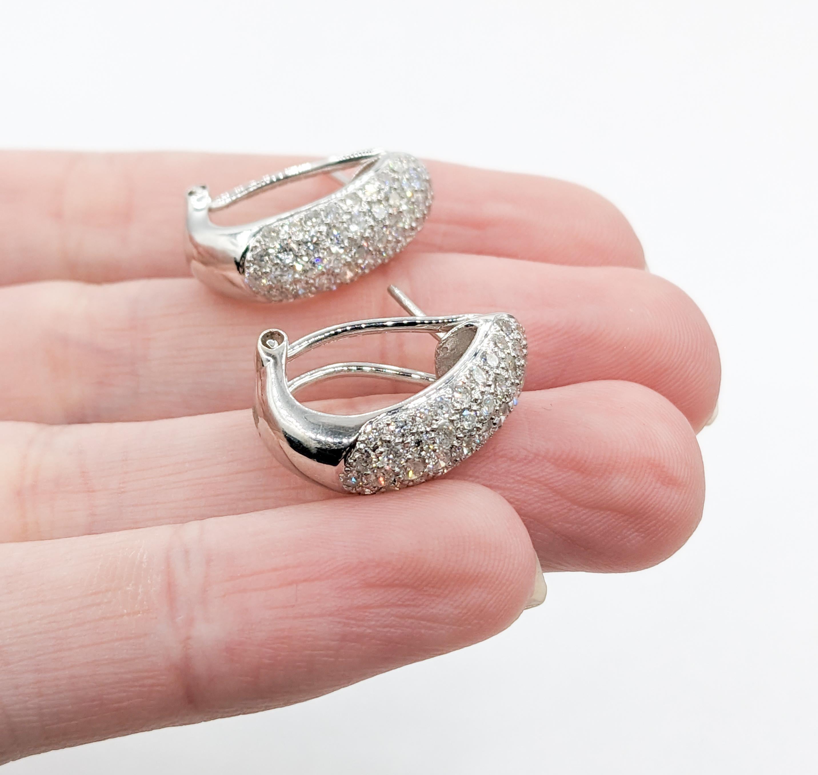 Vintage Pave 2ctw Diamond Huggie Hoops in White Gold

Introducing these exquisite Half Hoop Huggie Style earrings, encrusted in shimmering diamonds. Crafted in gleaming 18k white gold, they feature a stunning ensemble of 2.00 carats of round