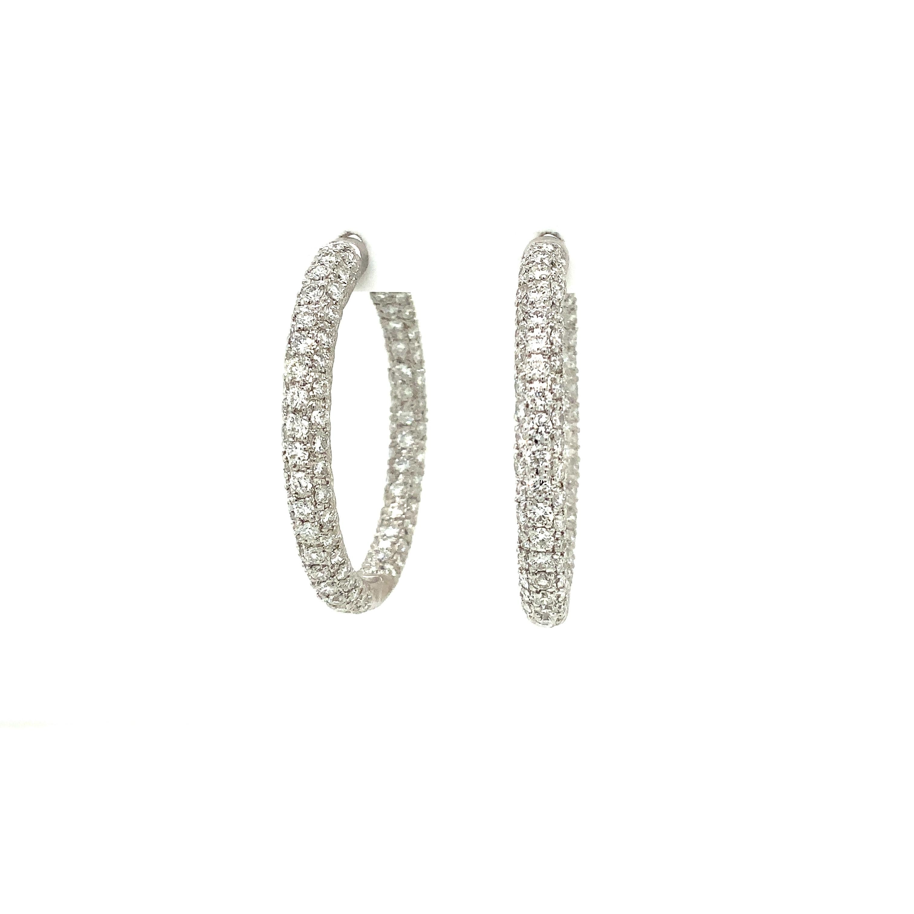 Modern Pavé 3 Row Round Inside -Outside Diamond Hoop Earrings Set in 18K White Gold  For Sale
