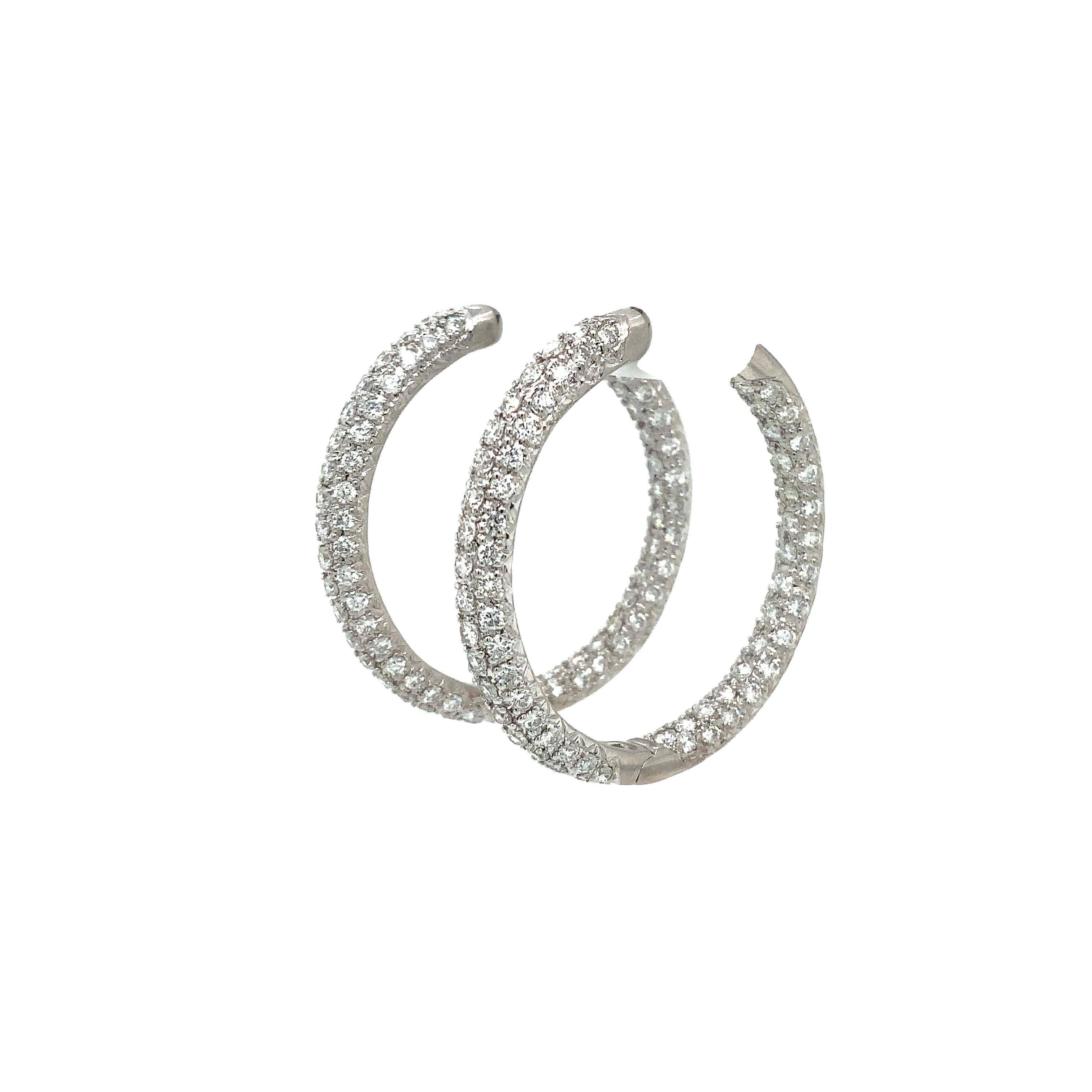Pavé 3 Row Round Inside -Outside Diamond Hoop Earrings Set in 18K White Gold  In Excellent Condition For Sale In Los Gatos, CA