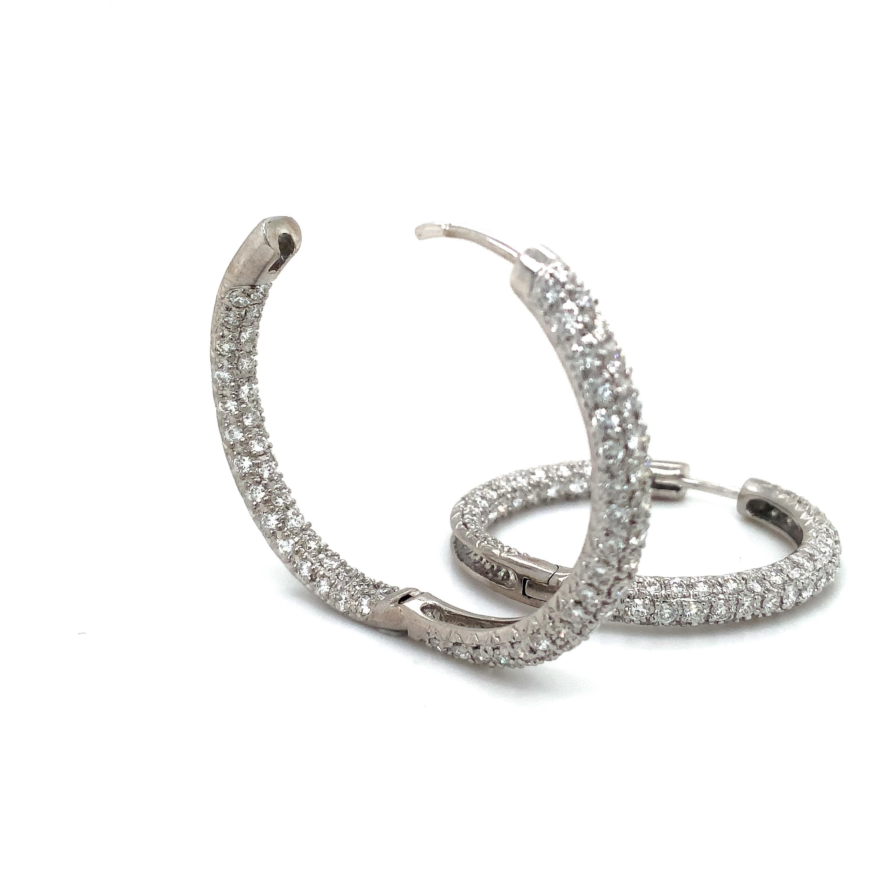 Pavé 3 Row Round Inside -Outside Diamond Hoop Earrings Set in 18K White Gold  For Sale 1