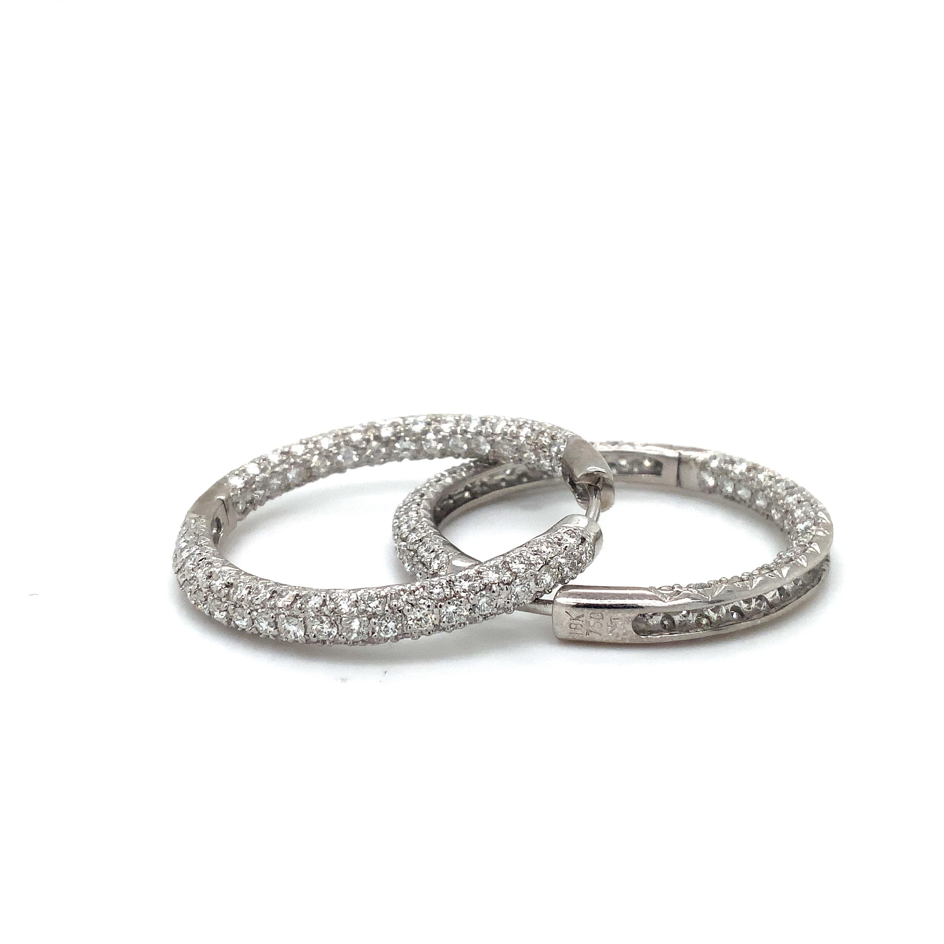 Pavé 3 Row Round Inside -Outside Diamond Hoop Earrings Set in 18K White Gold  For Sale 2