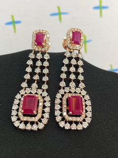 Pave 5.40 Cts F/VS1 Round Brilliant Diamonds Ruby Dangle Earrings 14K Rose Gold