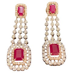 Pave 5.40 Cts F/VS1 Round Brilliant Diamonds Ruby Dangle Earrings 14K Rose Gold