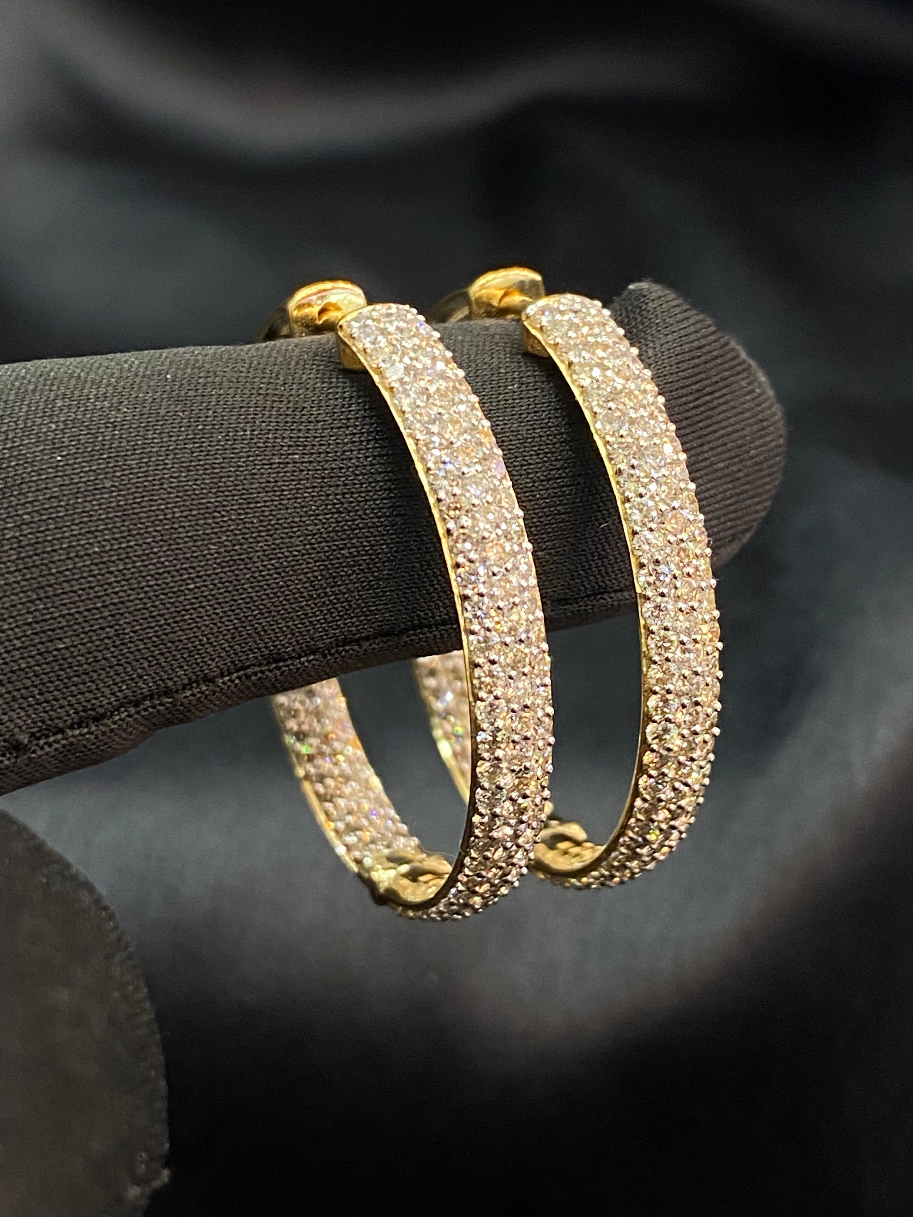 Round Cut Pave 5.72 Cts F/VS1 Round Brilliant Diamonds 3-Row Hoop Earrings 14K Yellow Gold For Sale
