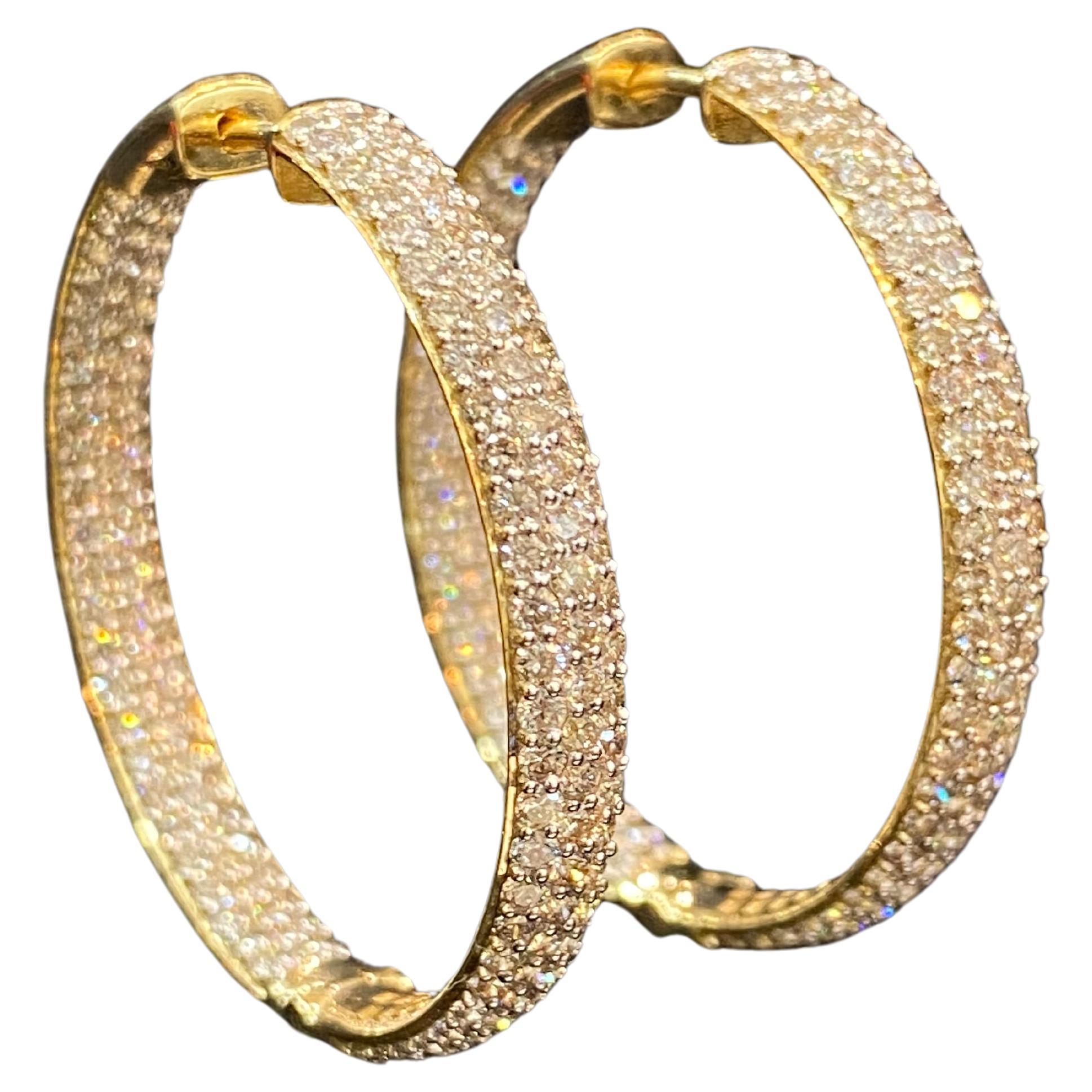 Pave 5.72 Cts F/VS1 Round Brilliant Diamonds 3-Row Hoop Earrings 14K Yellow Gold