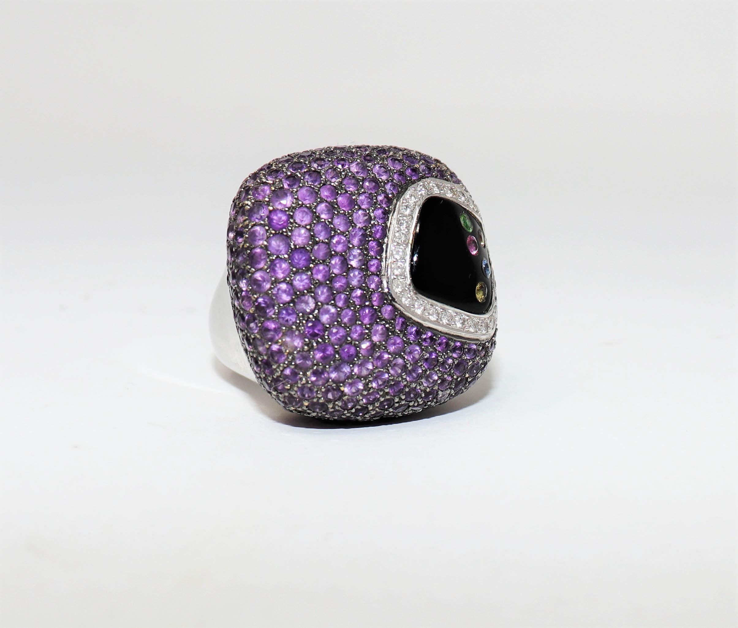 Contemporary Pave Amethyst, Diamond and Multi-Gemstone Cocktail Ring 18 Karat White Gold For Sale