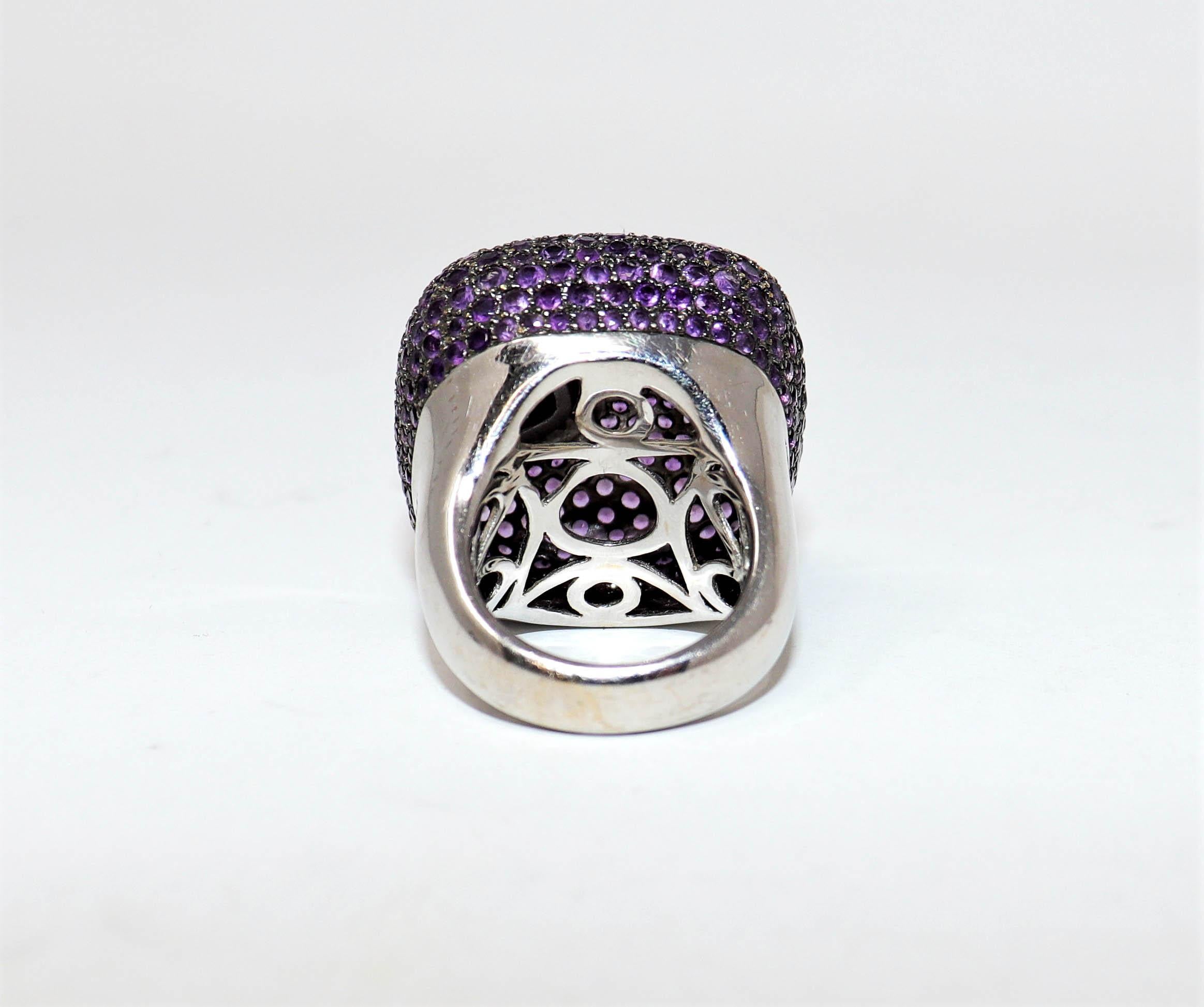 Round Cut Pave Amethyst, Diamond and Multi-Gemstone Cocktail Ring 18 Karat White Gold For Sale
