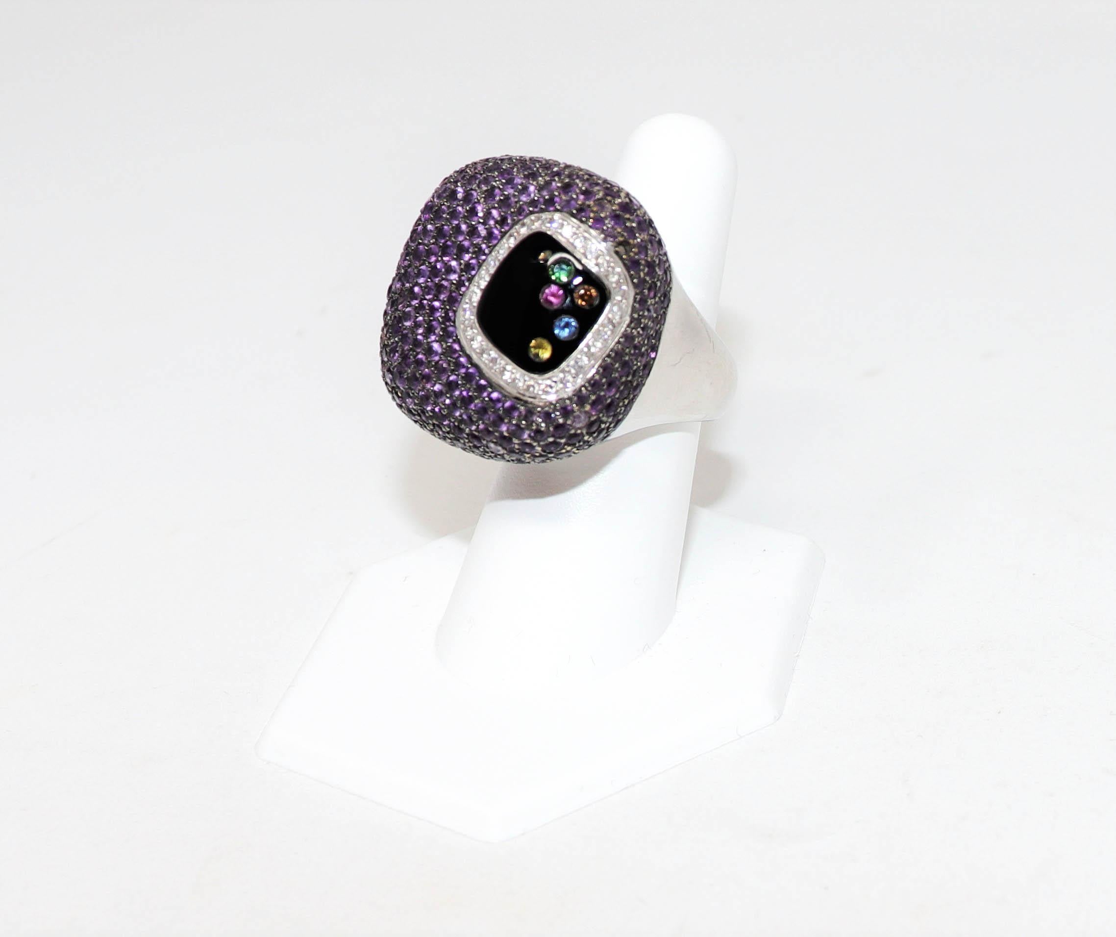 Women's Pave Amethyst, Diamond and Multi-Gemstone Cocktail Ring 18 Karat White Gold For Sale