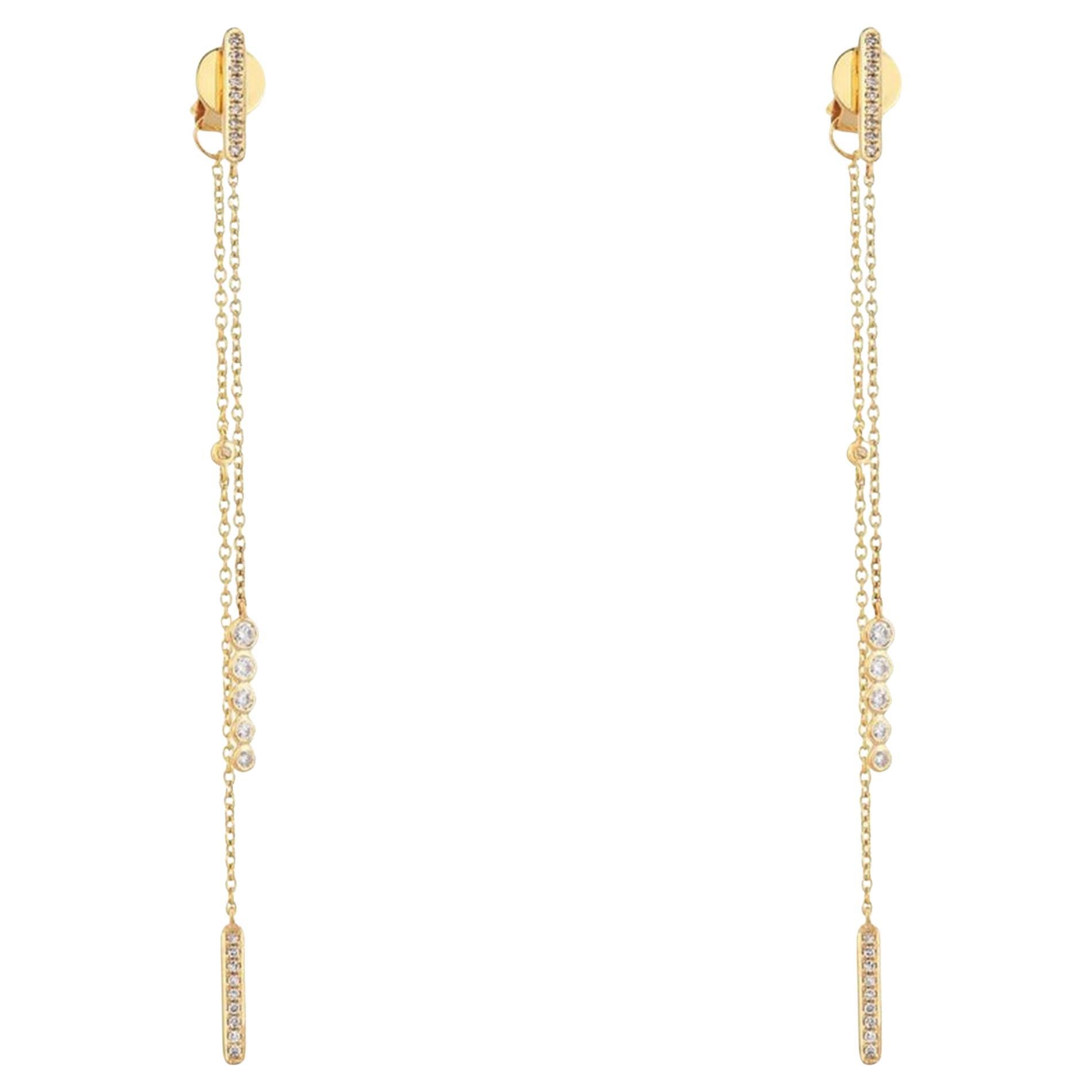 Pave Bars 14K (or 18k upon request) Yellow Gold Double Chain Drop Earrings For Sale