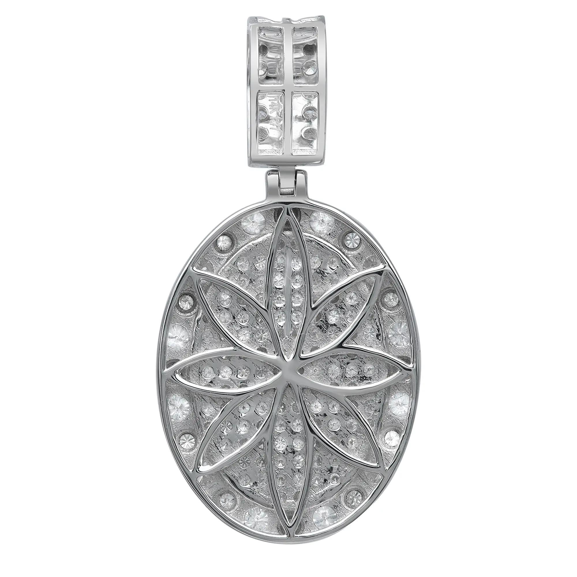 This sparkling oval shape pendant is perfect for any occasion. It features pave and bezel set round brilliant cut diamonds encrusted in an oval shaped shank. Total diamond weight: 1.77 carats. Diamond color G-H and clarity VS-SI. Pendant size: 38mm