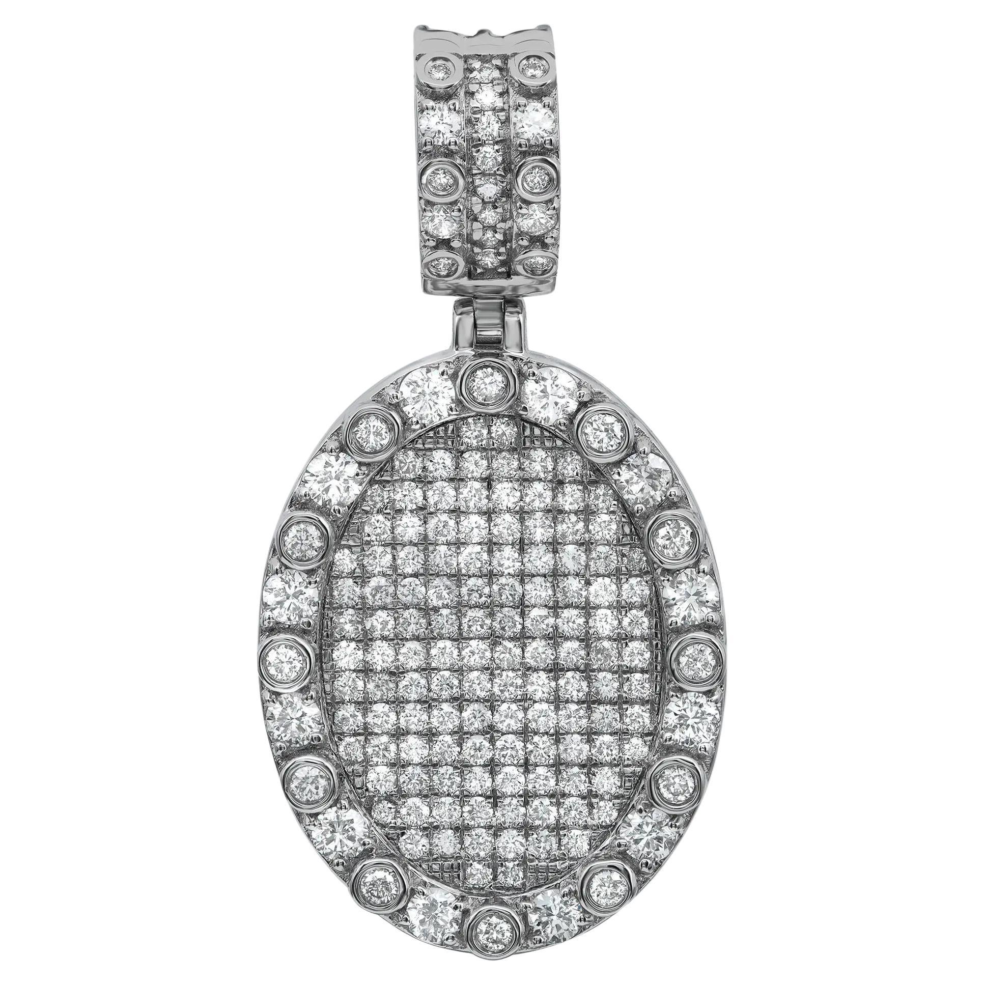 Pave & Bezel Set Round Cut Diamond Oval Shape Pendant 14K White Gold 1.77Cttw For Sale