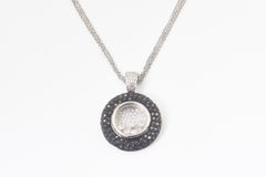 Pave Black and White Diamond Floating Diamond Circle White Gold Pendant Necklace